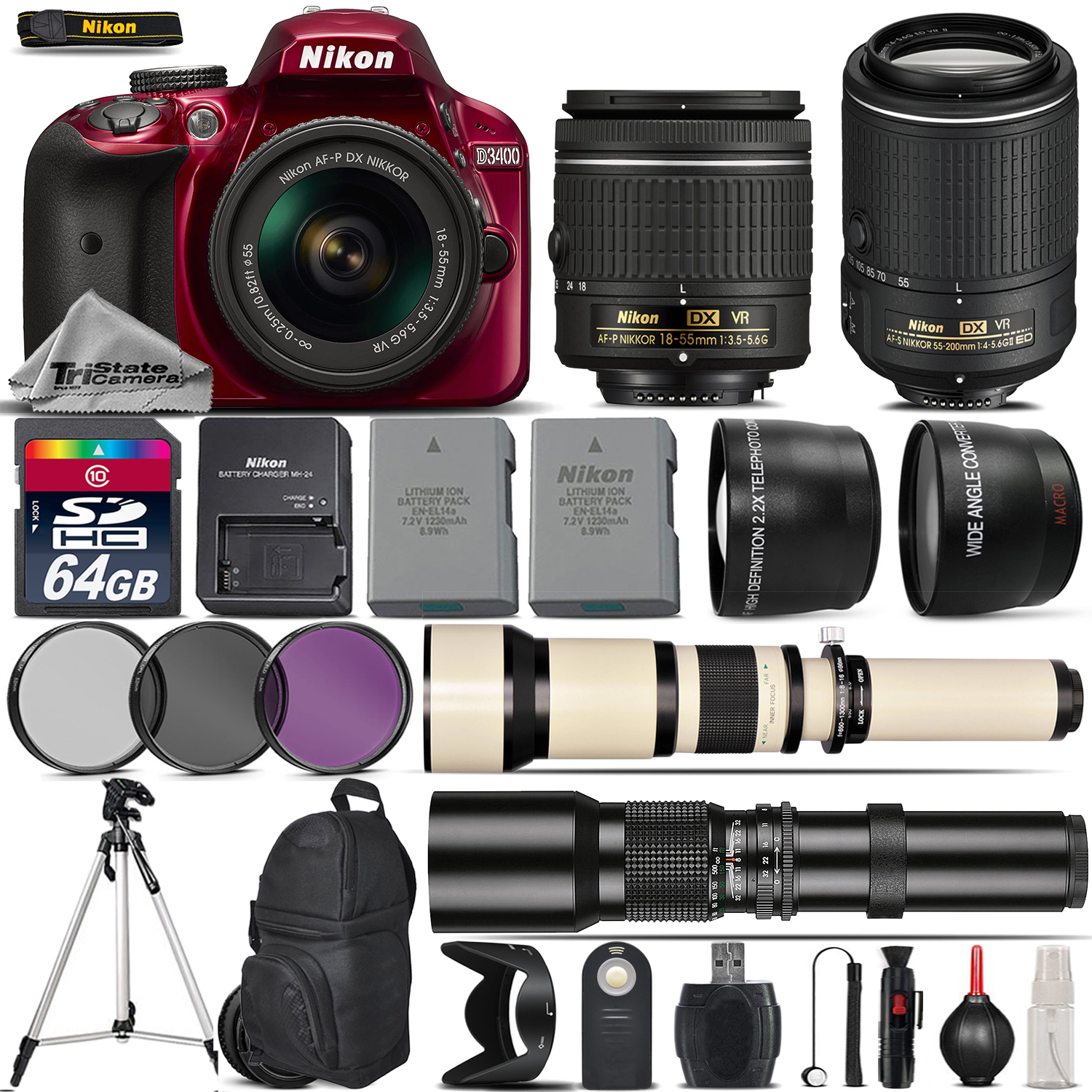 D3400 DSLR Camera + 18-55mm AF P Lens + 55-200mm VR II + 650-1300mm +500mm *FREE SHIPPING*