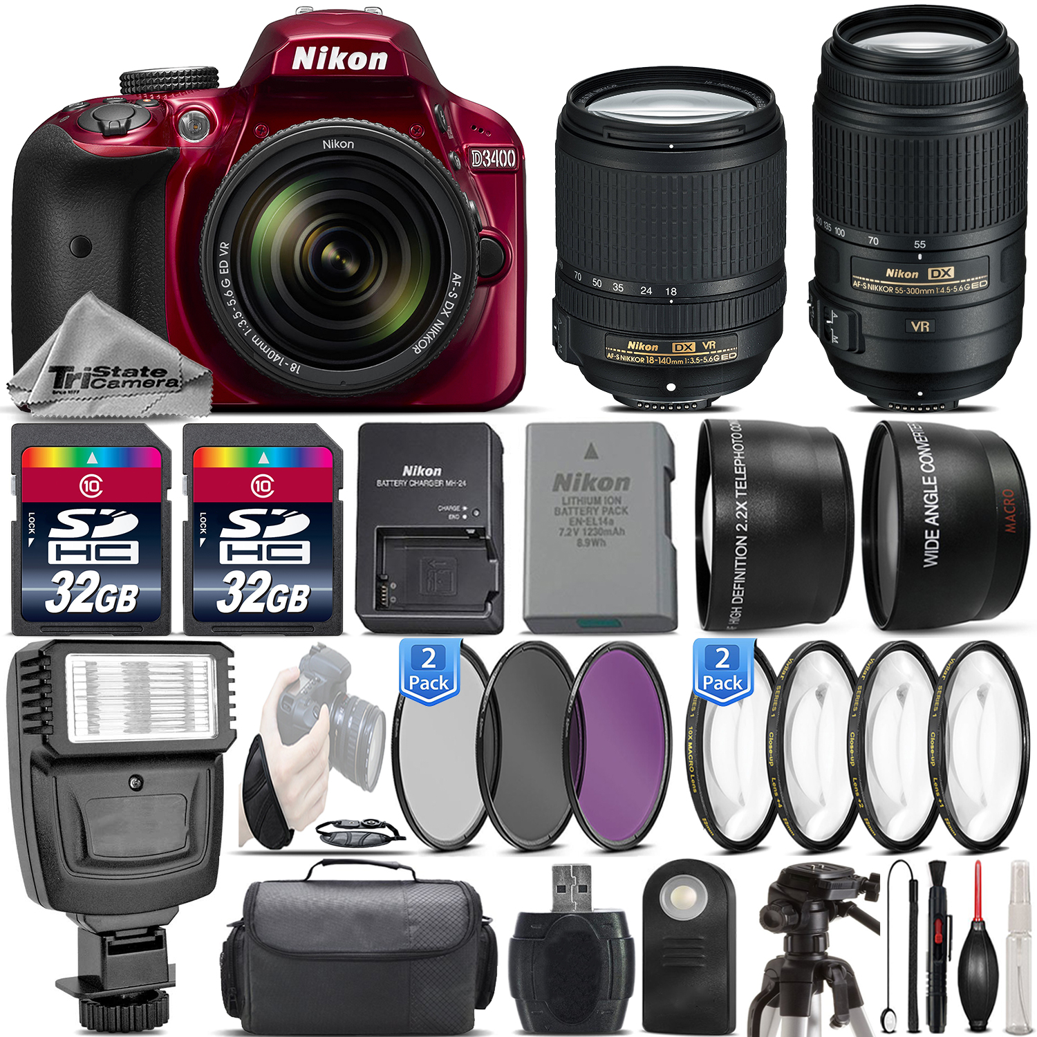 D3400 24.2MP DSLR Camera RED + 18-140mm VR + 55-300mm VR -64GB Kit Bundle *FREE SHIPPING*
