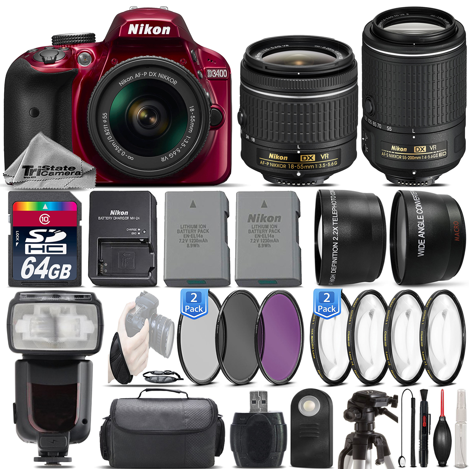 D3400 DSLR Camera + 18-55mm VR Lens + 55-200mm VR II + Flash - 64GB Kit *FREE SHIPPING*