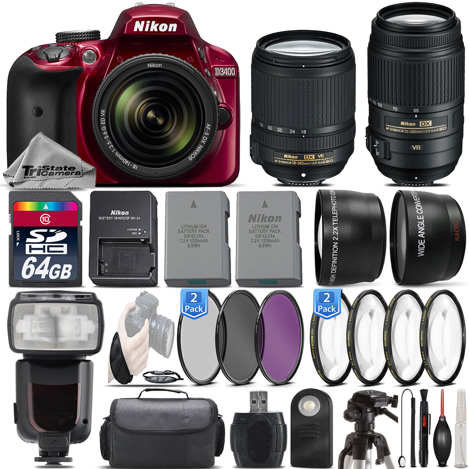 D3400 DSLR Camera (RED) + 18-140mm VR + 55-300mm VR + Flash - 64GB Bundle *FREE SHIPPING*