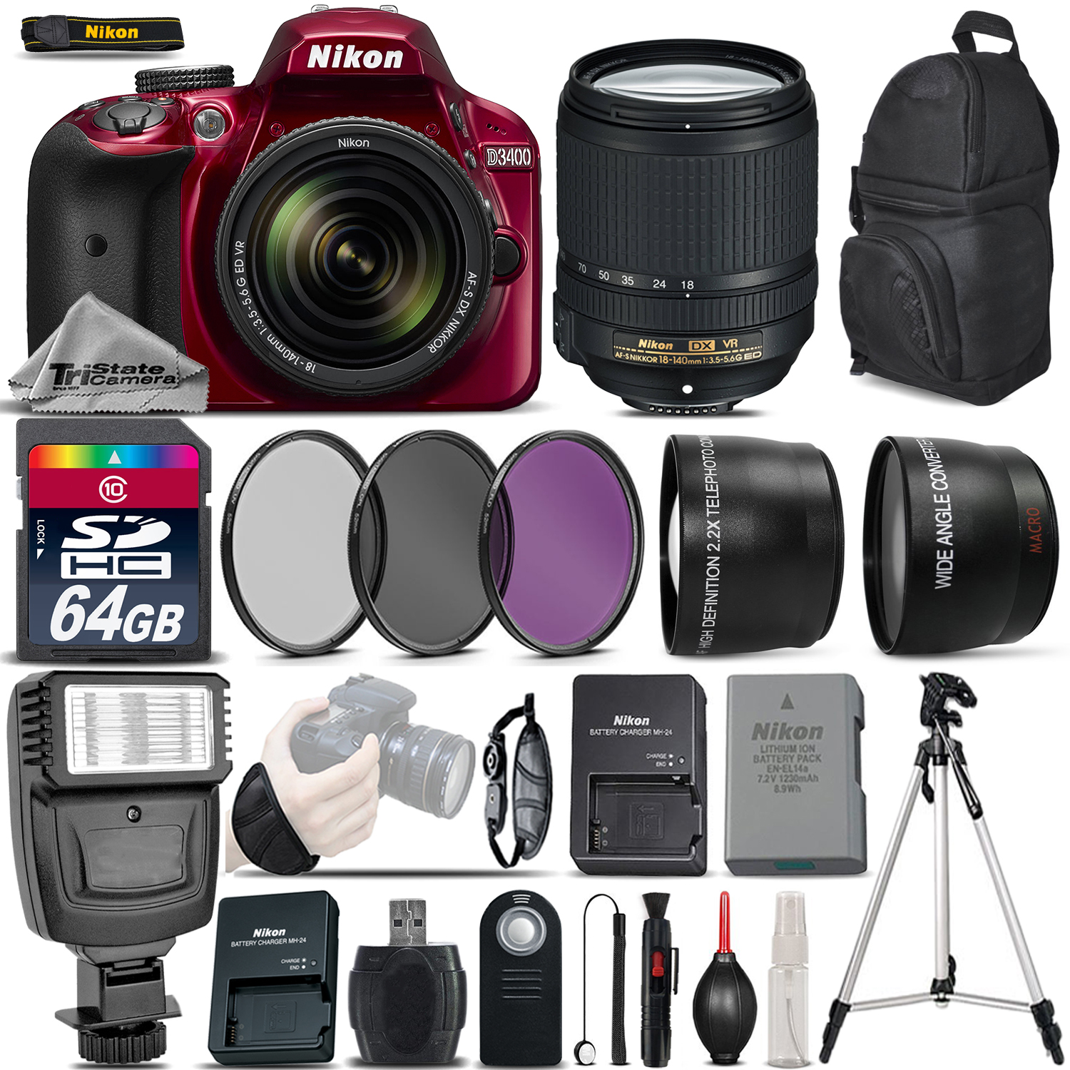 D3400 DSLR 24.2MP Camera RED + Nikon 18-140mm VR - Ultimate Saving Bundle *FREE SHIPPING*