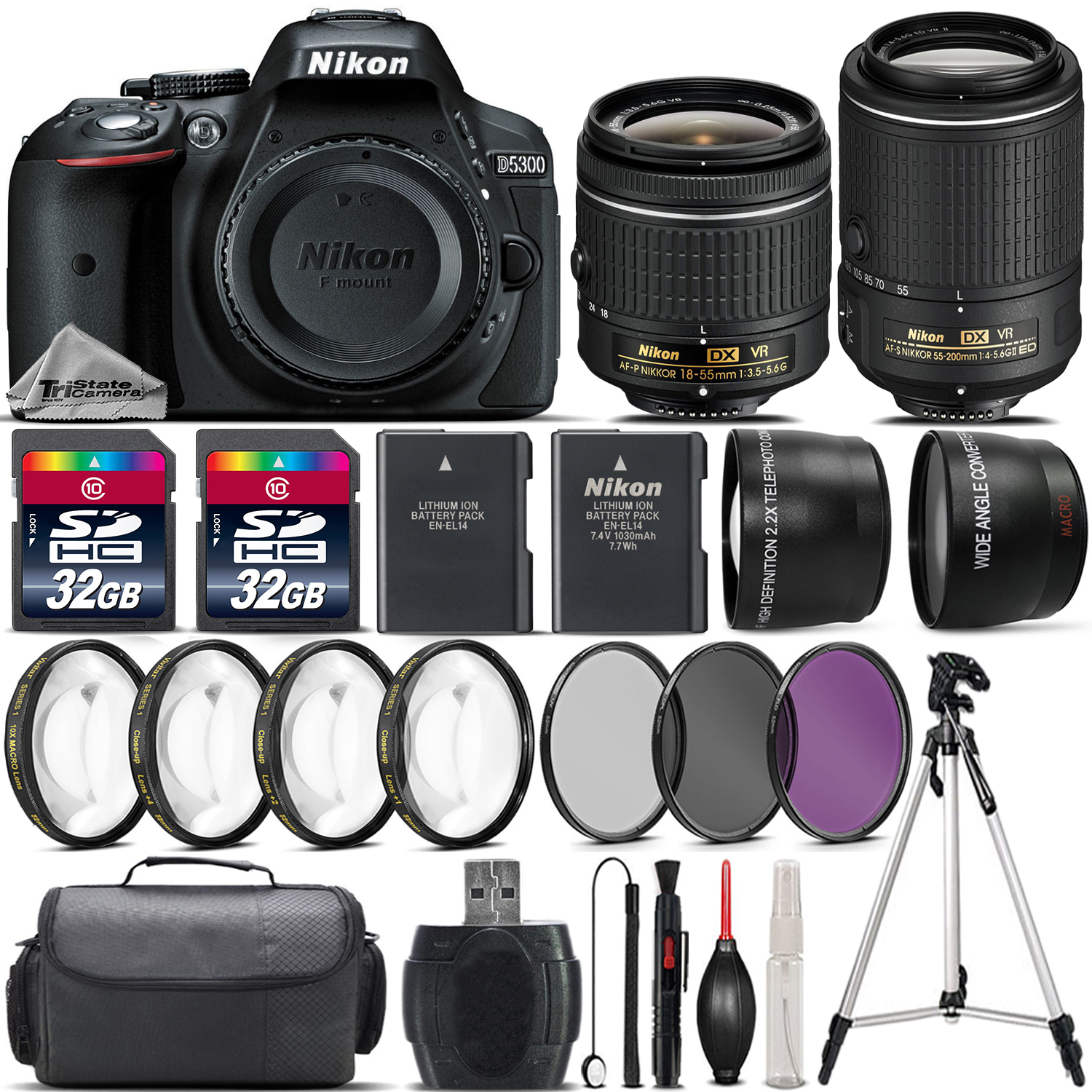 D5300 DSLR Camera with 18-55mm VR Lens + Nikon 55-200 VR II Lens -64GB Kit *FREE SHIPPING*
