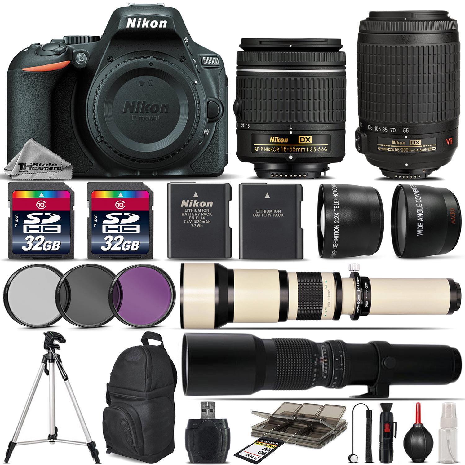 D5500 DSLR Camera + 18-55mm AF P Lens + 55-200mm VR II + 650-1300mm +500mm *FREE SHIPPING*