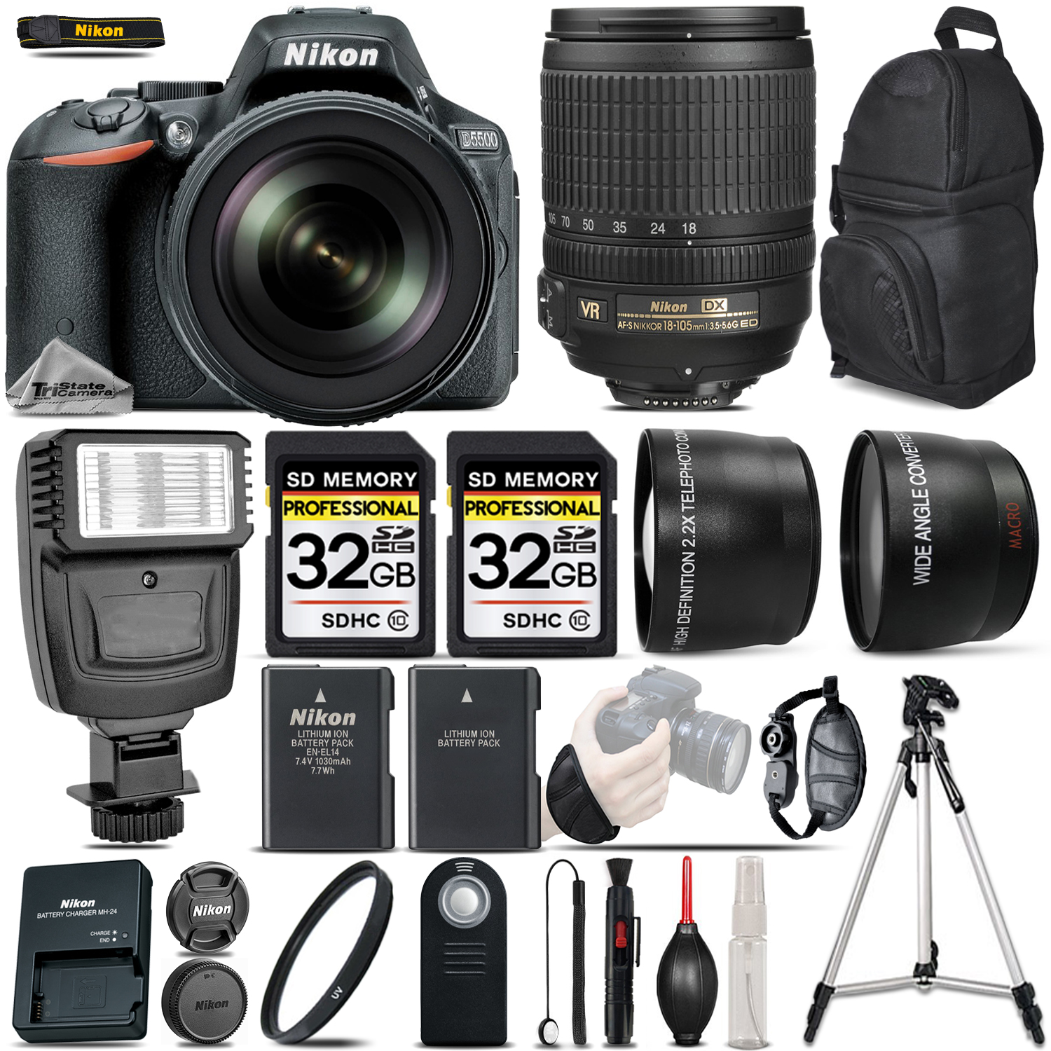 D5500 DSLR Camera + 18-105mm VR Lens -3 Lens Kit +FLASH +EXT BATT + 64GB *FREE SHIPPING*