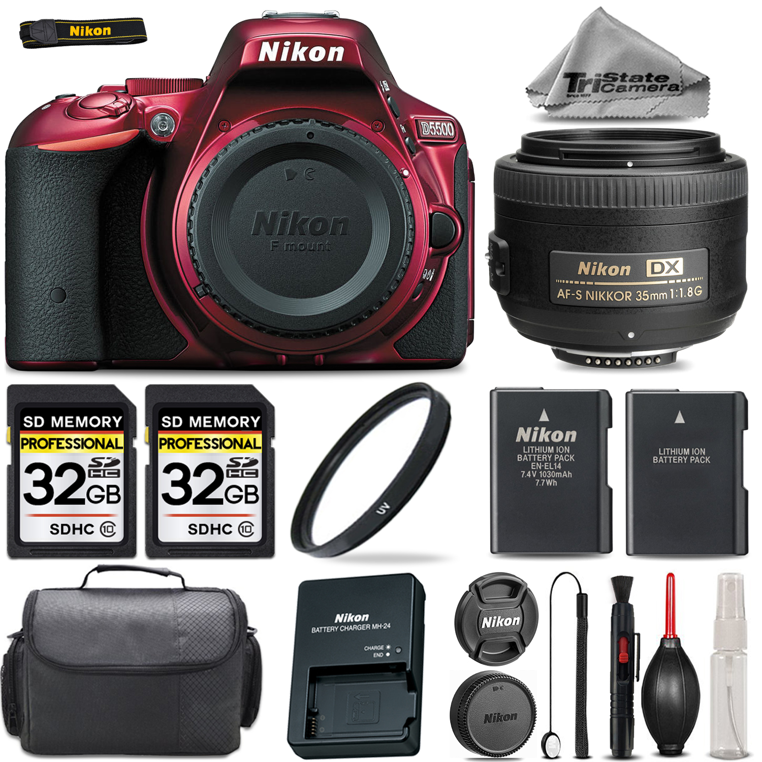 D5500 DSLR RED w/ Nikon 35mm f/1.8G Lens + 64GB STORAGE + EXT BATT + CASE *FREE SHIPPING*