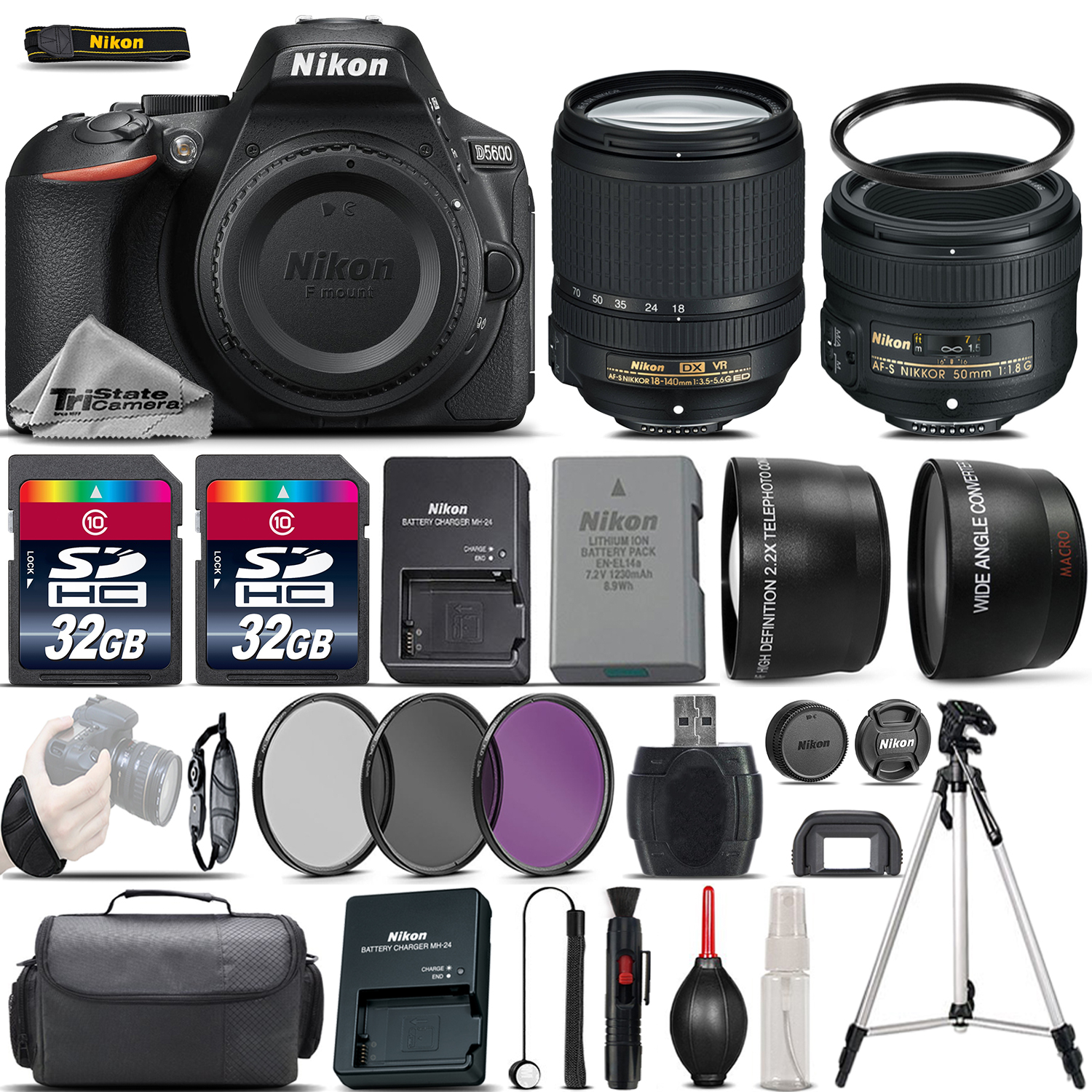 D5600 Digital SLR Camera + 18-140mm VR + 50mm 1.8G Lens + 64GB -4 Lens Kit *FREE SHIPPING*