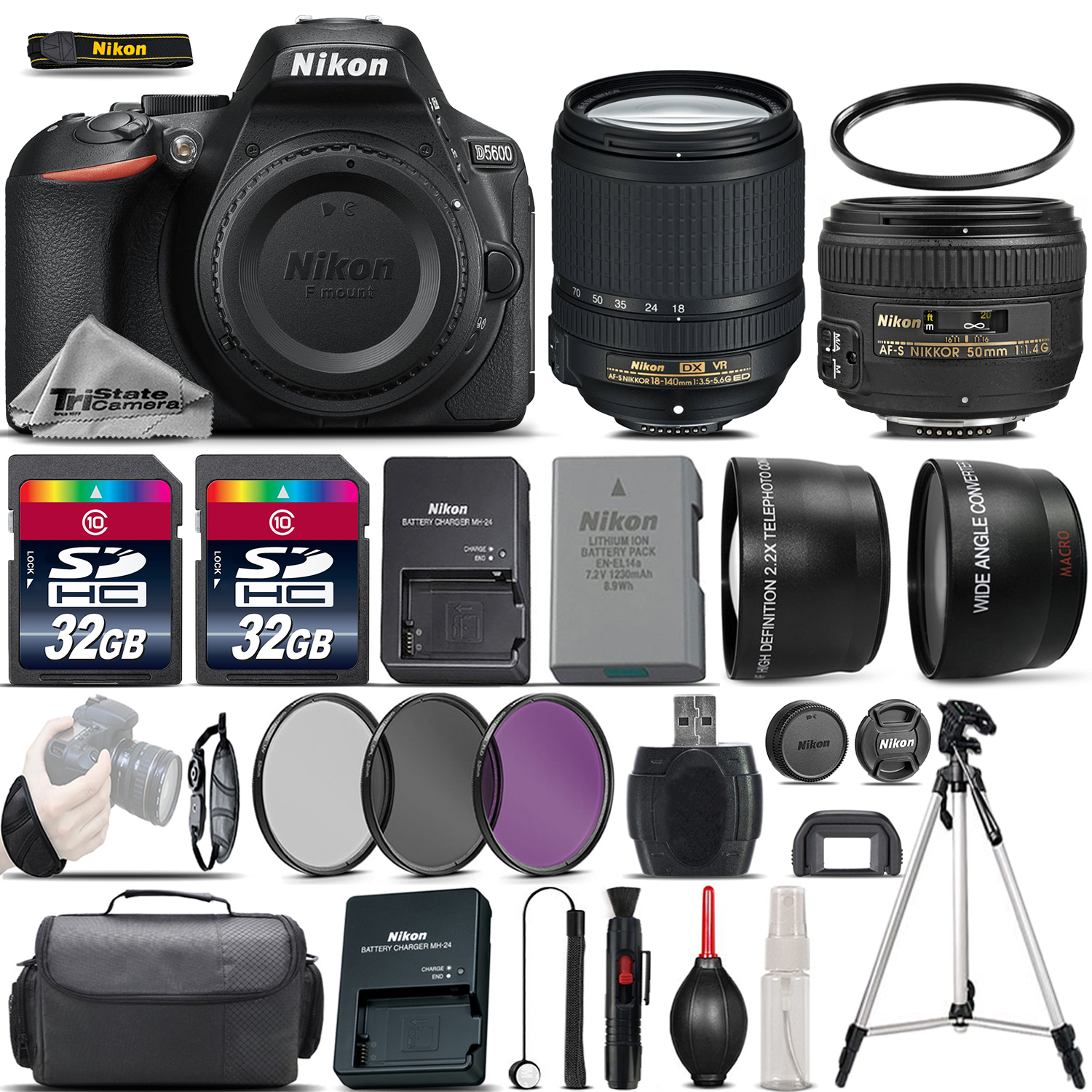 D5600 Digital SLR Camera + 18-140mm VR + 50mm 1.4G Lens + 64GB -4 Lens Kit *FREE SHIPPING*