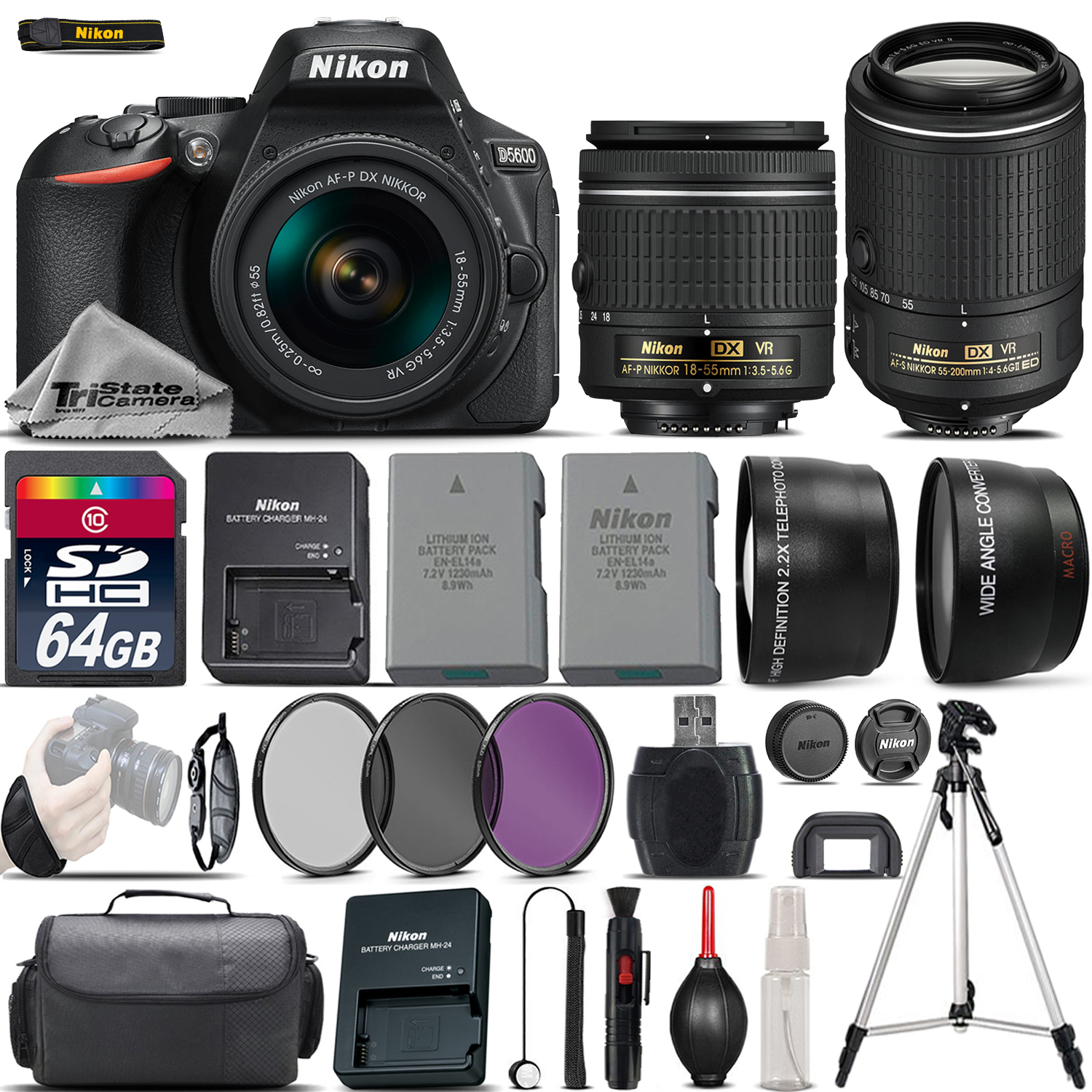 D5600 Digital SLR Camera + 18-55mm VR + 55-200mm VR II + EXT BATT + 64GB *FREE SHIPPING*