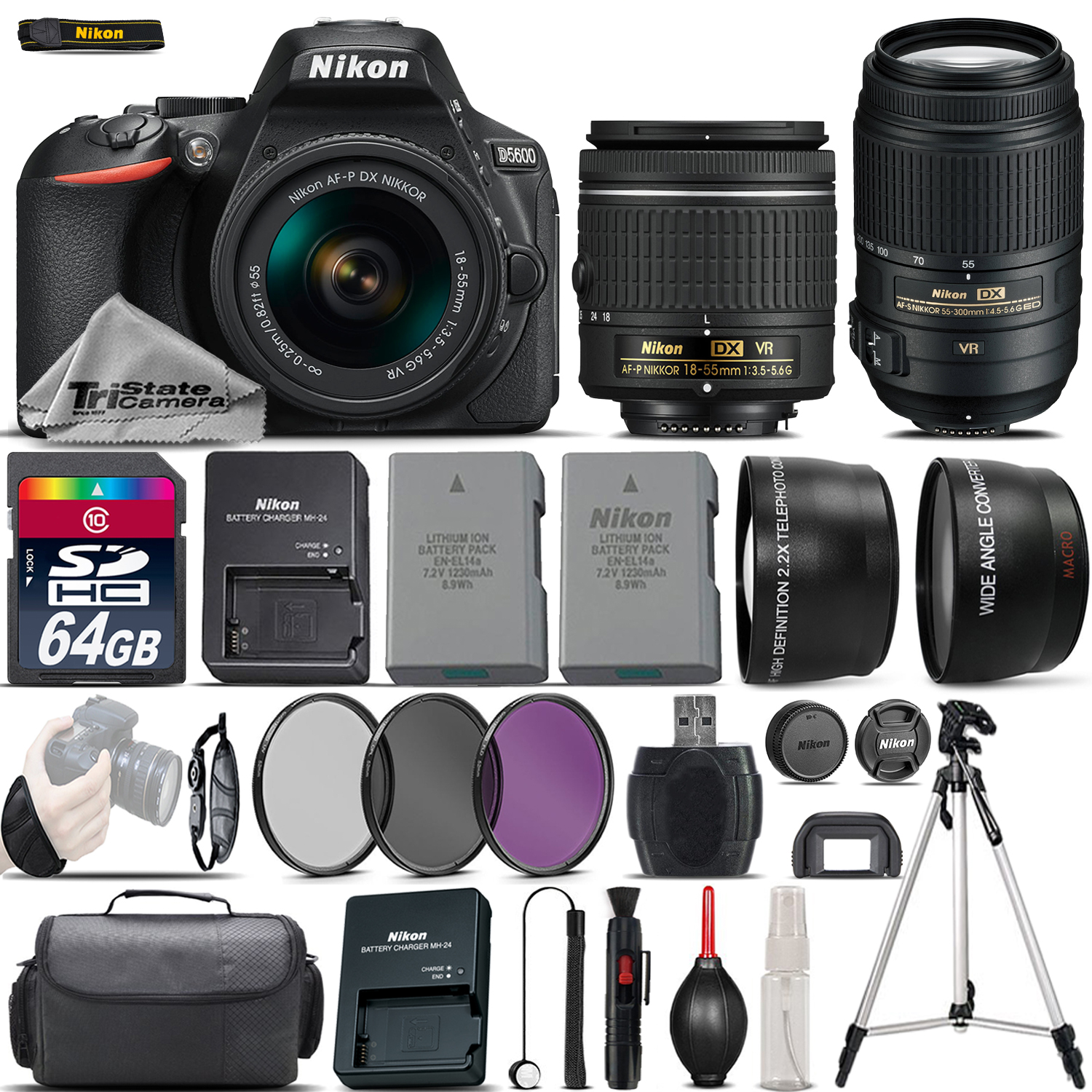 D5600 Digital SLR Camera + 18-55mm VR + 55-300mm VR + Extra Battery +64GB *FREE SHIPPING*