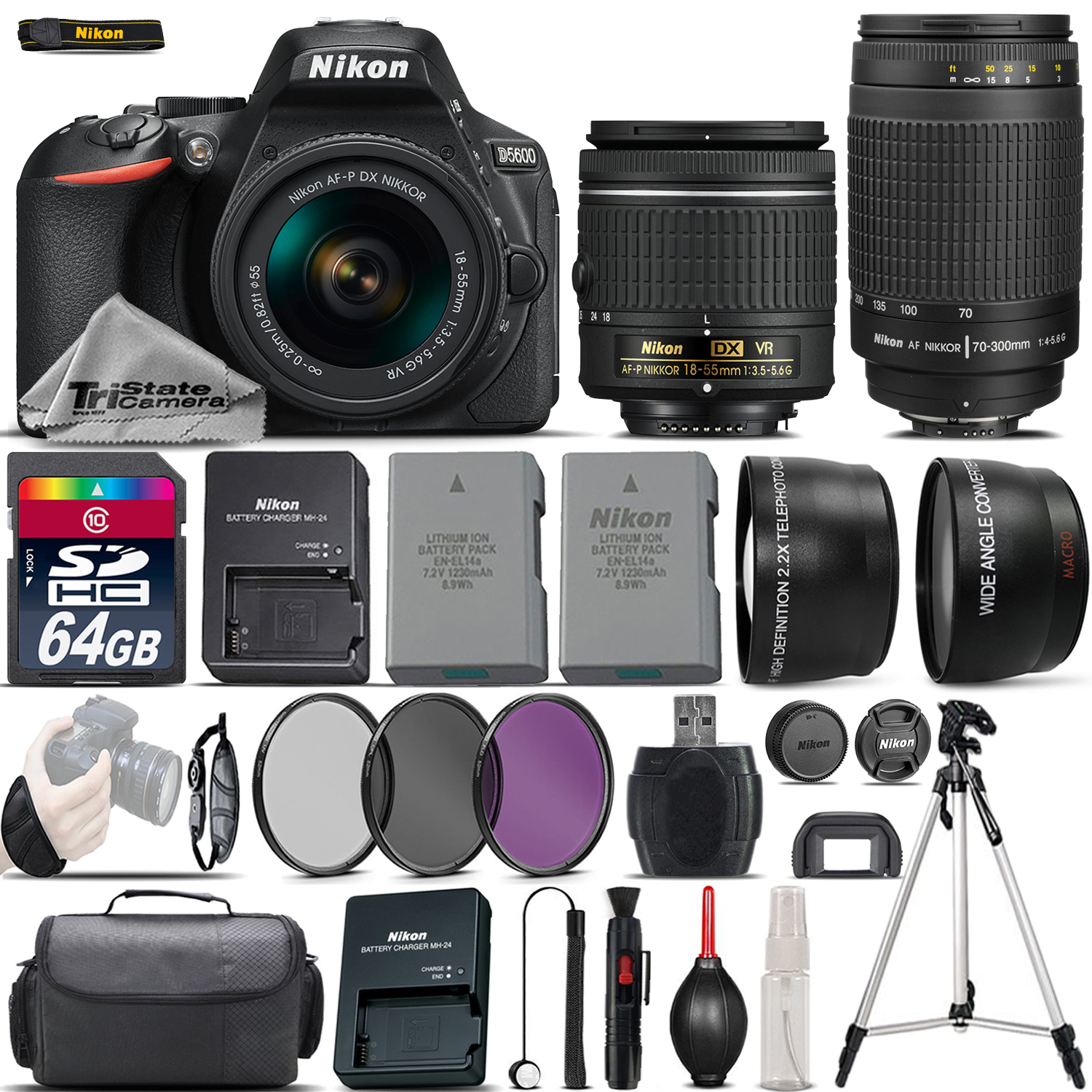 D5600 Digital SLR Camera + 18-55mm VR + Nikon 70-300mm + EXT BATT + 64GB *FREE SHIPPING*