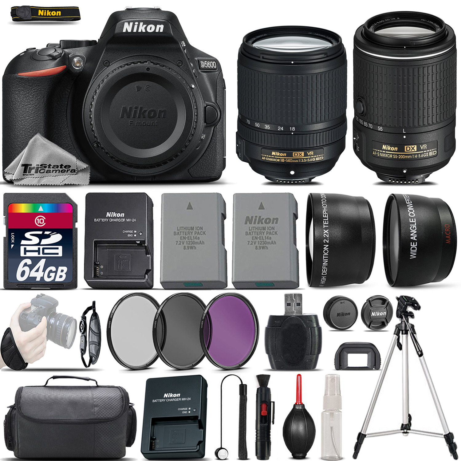 D5600 Digital SLR Camera + 18-140mm VR + 55-200mm VR II + EXT BATT - 64GB *FREE SHIPPING*