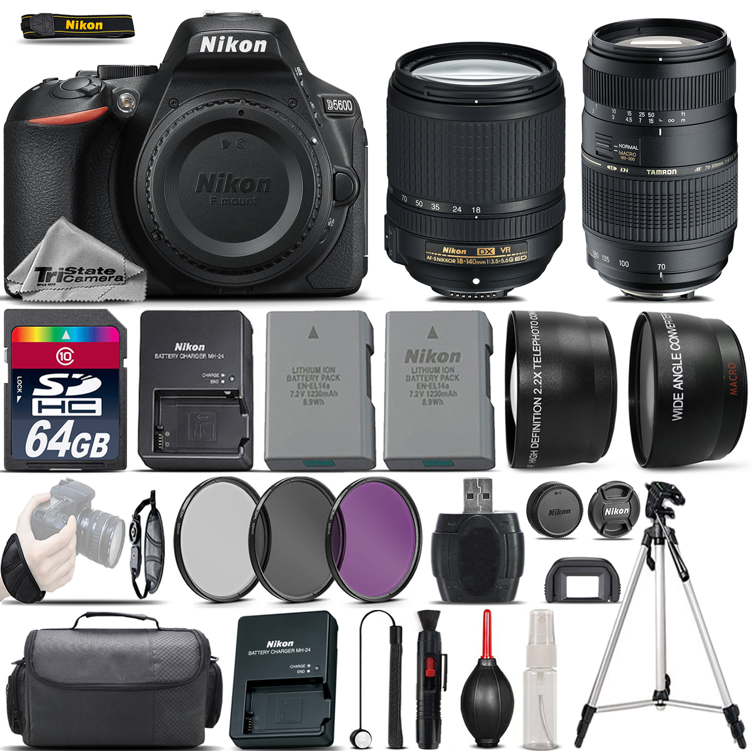 D5600 Digital SLR Camera + 18-140mm VR Lens + 70-300mm + EXT BATT + 64GB *FREE SHIPPING*