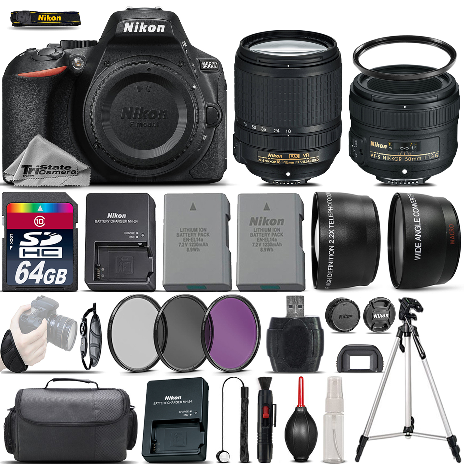 D5600 Digital SLR Camera + 18-140mm VR + 50mm 1.8G Lens + EXT BATT - 64GB *FREE SHIPPING*