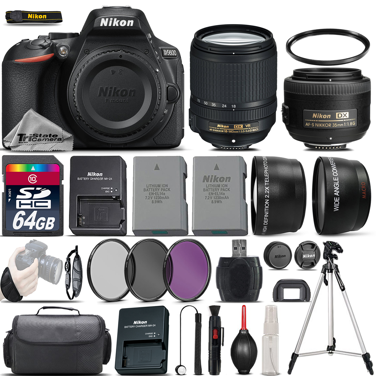 D5600 Digital SLR Camera + 18-140mm VR + 35mm 1.8G Lens + EXT BATT - 64GB *FREE SHIPPING*