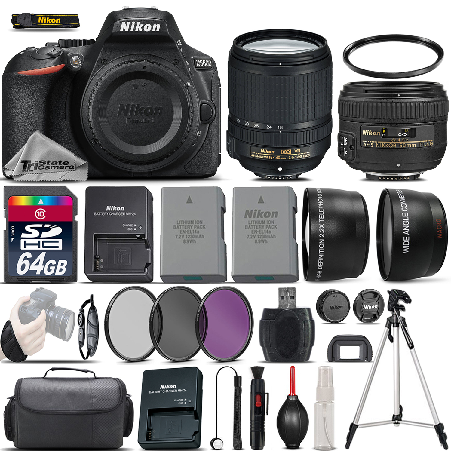 D5600 Digital SLR Camera + 18-140mm VR + 50mm 1.4G Lens + EXT BATT - 64GB *FREE SHIPPING*