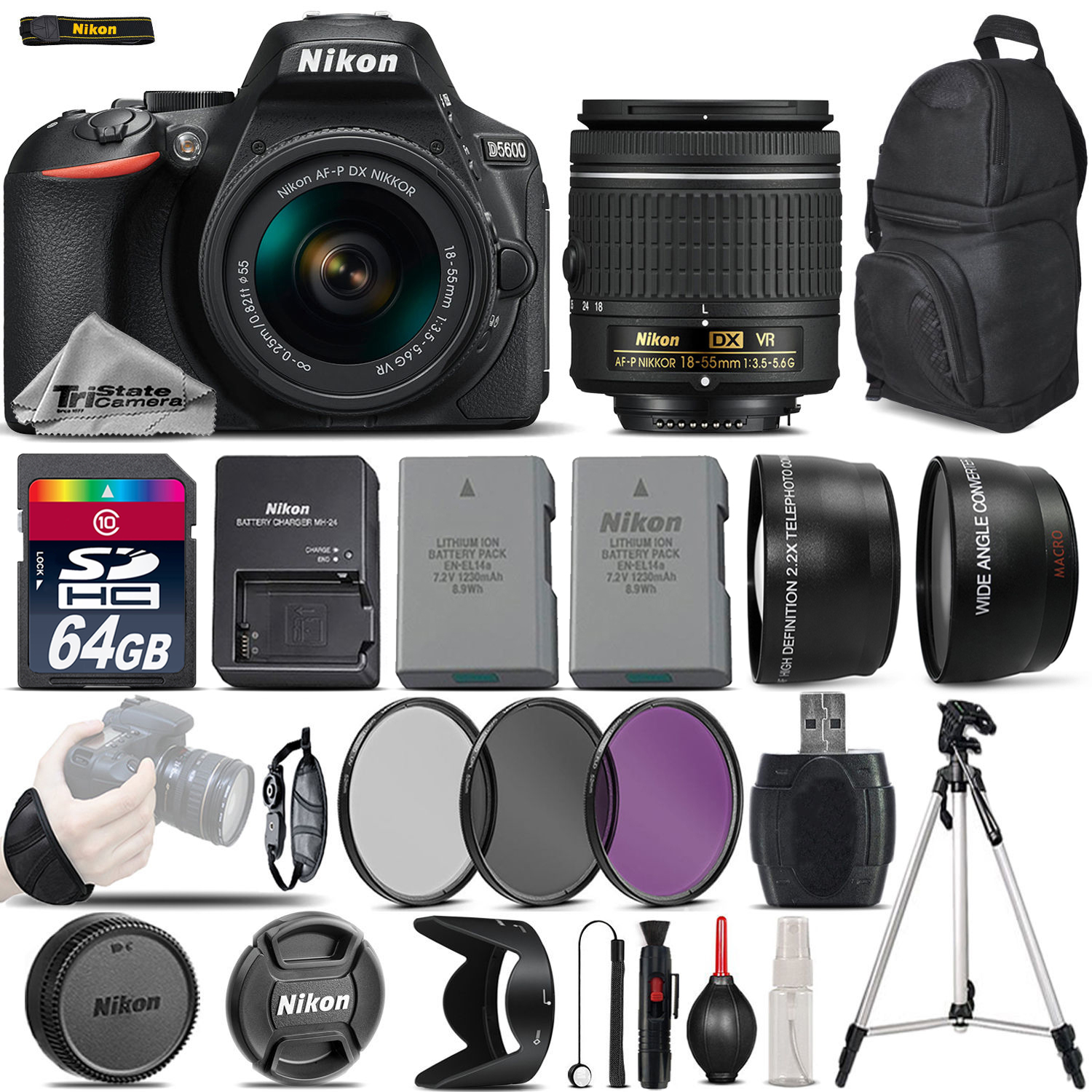 D5600 Digital SLR Camera +3 Lens 18-55mm VR + Extra Battery - 64GB Bundle *FREE SHIPPING*