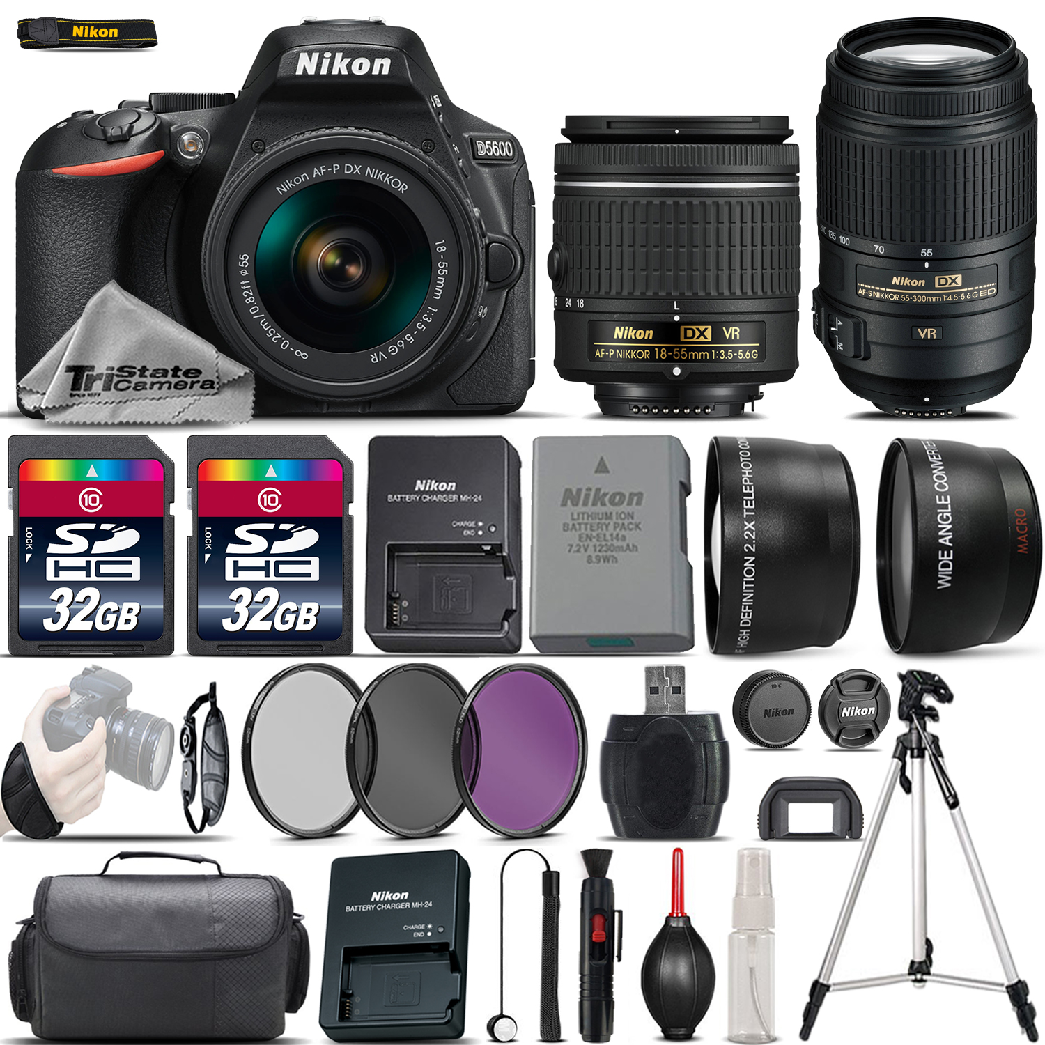 D5600 Digital SLR Camera + 18-55mm VR + 55-300mm VR + 64GB - 4 Lens Kit *FREE SHIPPING*
