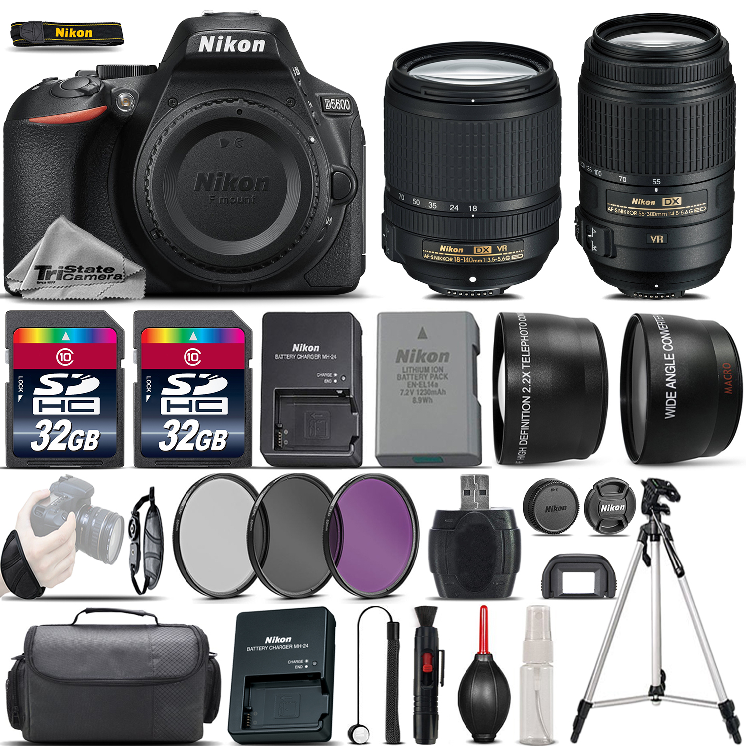 D5600 Digital SLR Camera + 18-140mm VR + 55-300mm VR + 64GB - 4 Lens Kit *FREE SHIPPING*