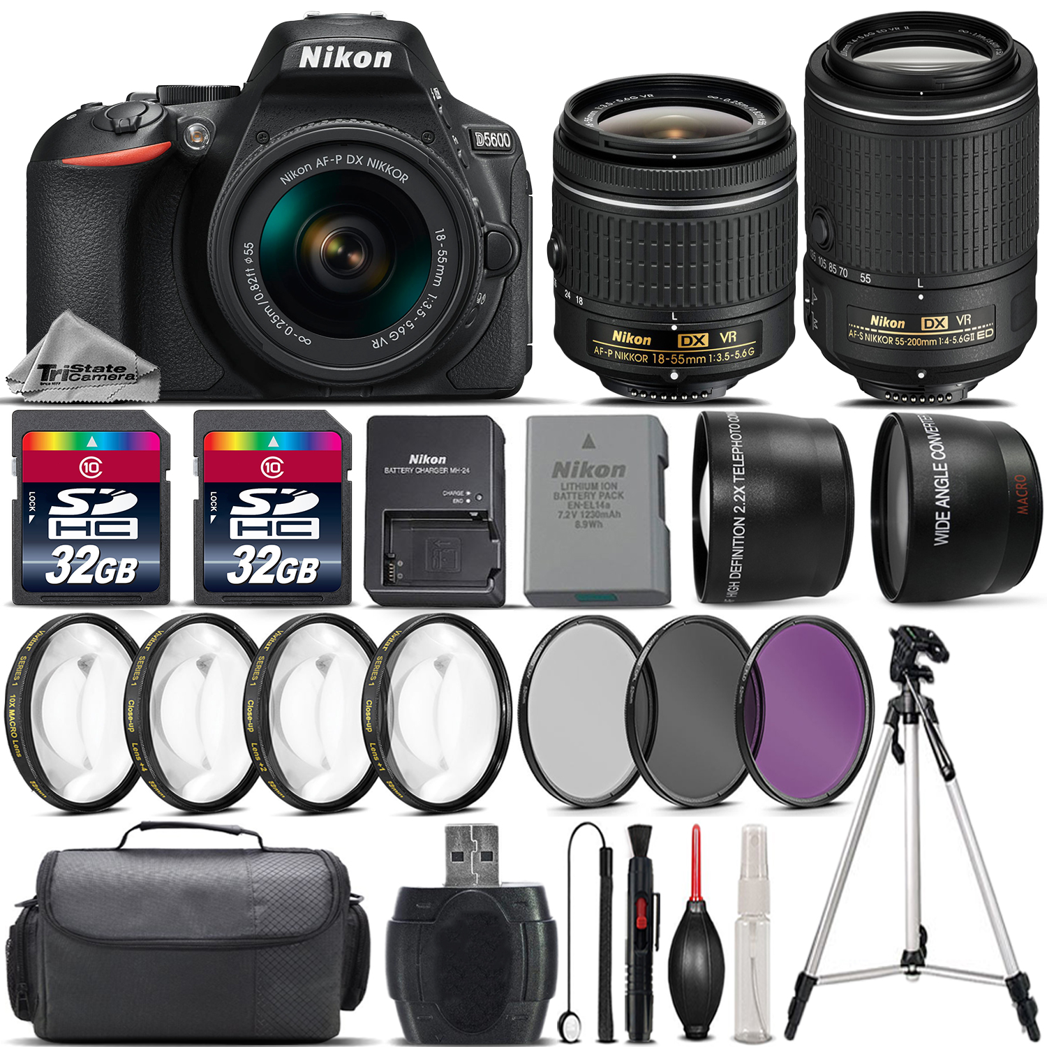 D5600 DSLR Camera with 18-55mm VR Lens + Nikon 55-200 VR II Lens -64GB Kit *FREE SHIPPING*