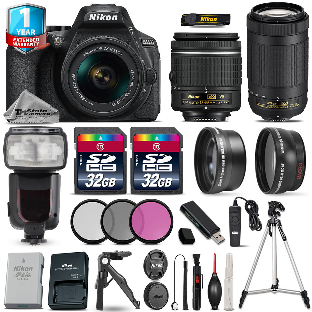 D5600 DSLR Camera + 18-55mm VR + 70-300mm + 64GB + Pro Flash +1yr Warranty *FREE SHIPPING*
