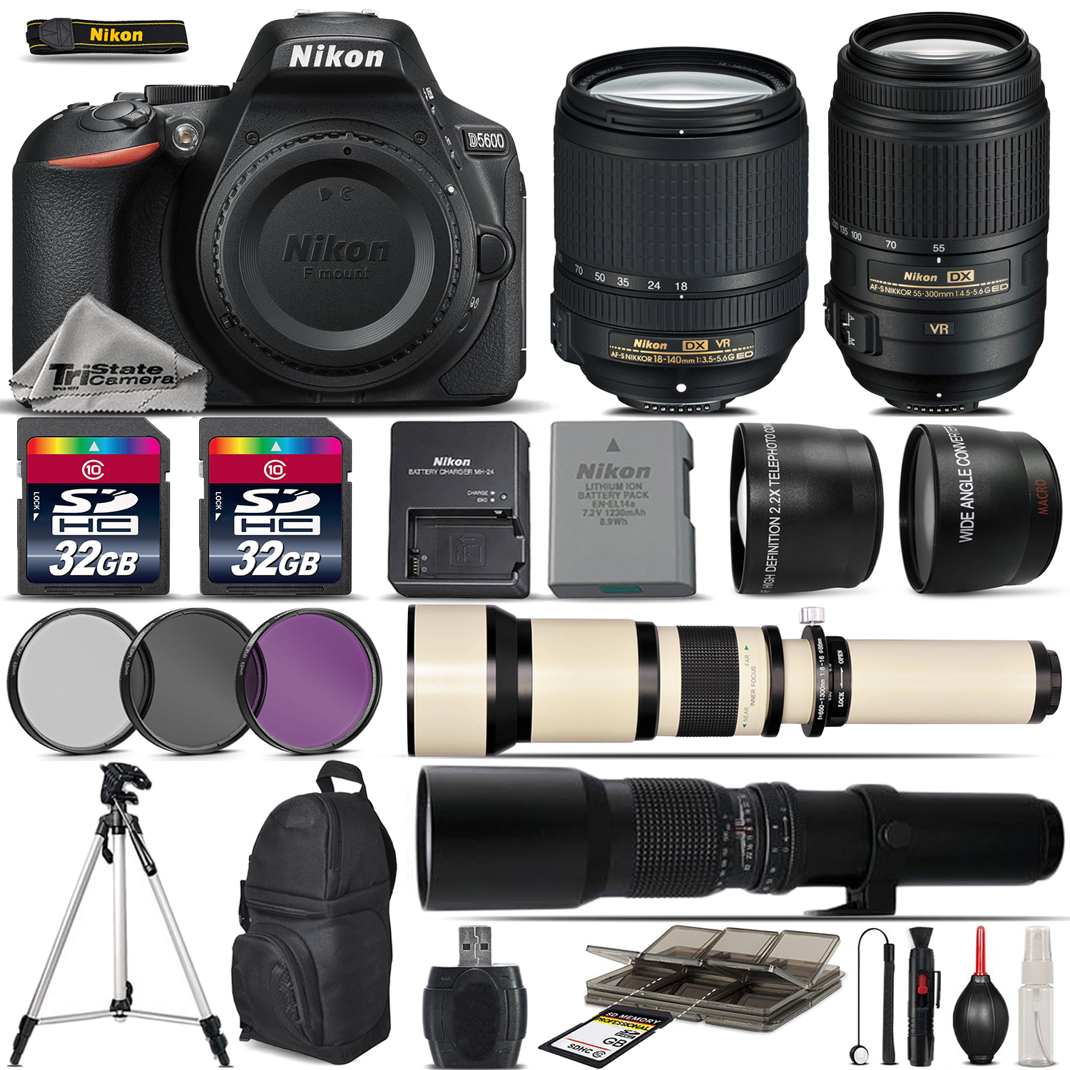 D5600 DSLR Camera + 18-140mm VR + 55-300mm VR Lens + 650-1300mm + 500mm *FREE SHIPPING*