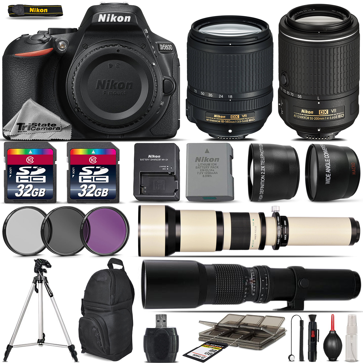 D5600 DSLR Camera + 18-140mm VR Lens + 55-200mm VR II + 650-1300mm + 500mm *FREE SHIPPING*