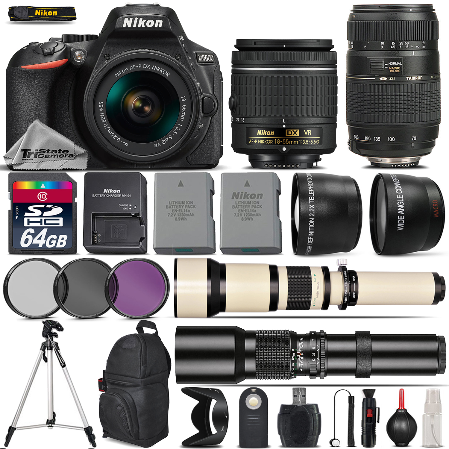 D5600 DSLR Camera + 18-55mm AF-P Lens + 70-300mm + 650-1300mm + 500mm Lens *FREE SHIPPING*