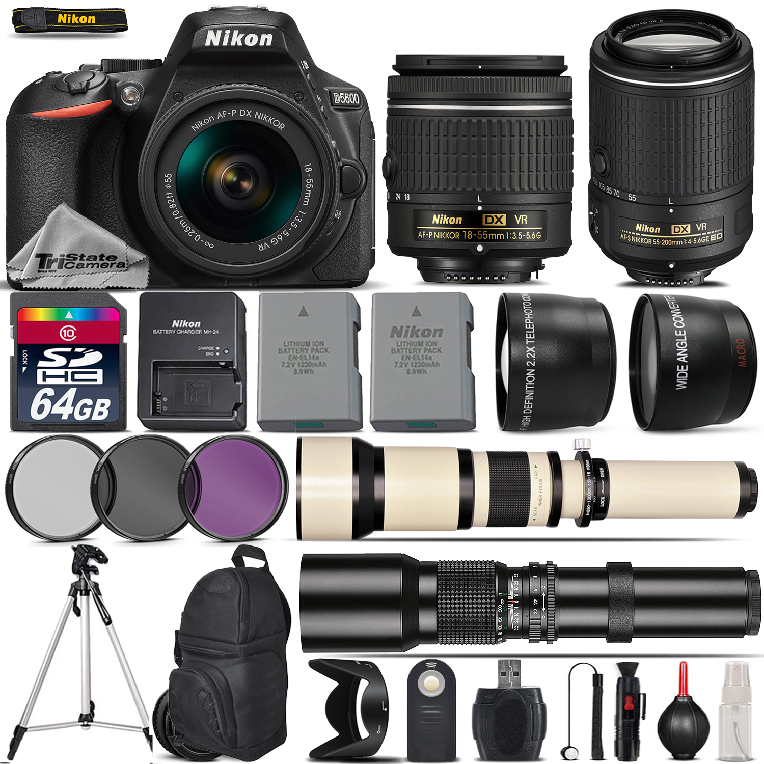 D5600 DSLR Camera + 18-55mm AF P Lens + 55-200mm VR II + 650-1300mm +500mm *FREE SHIPPING*