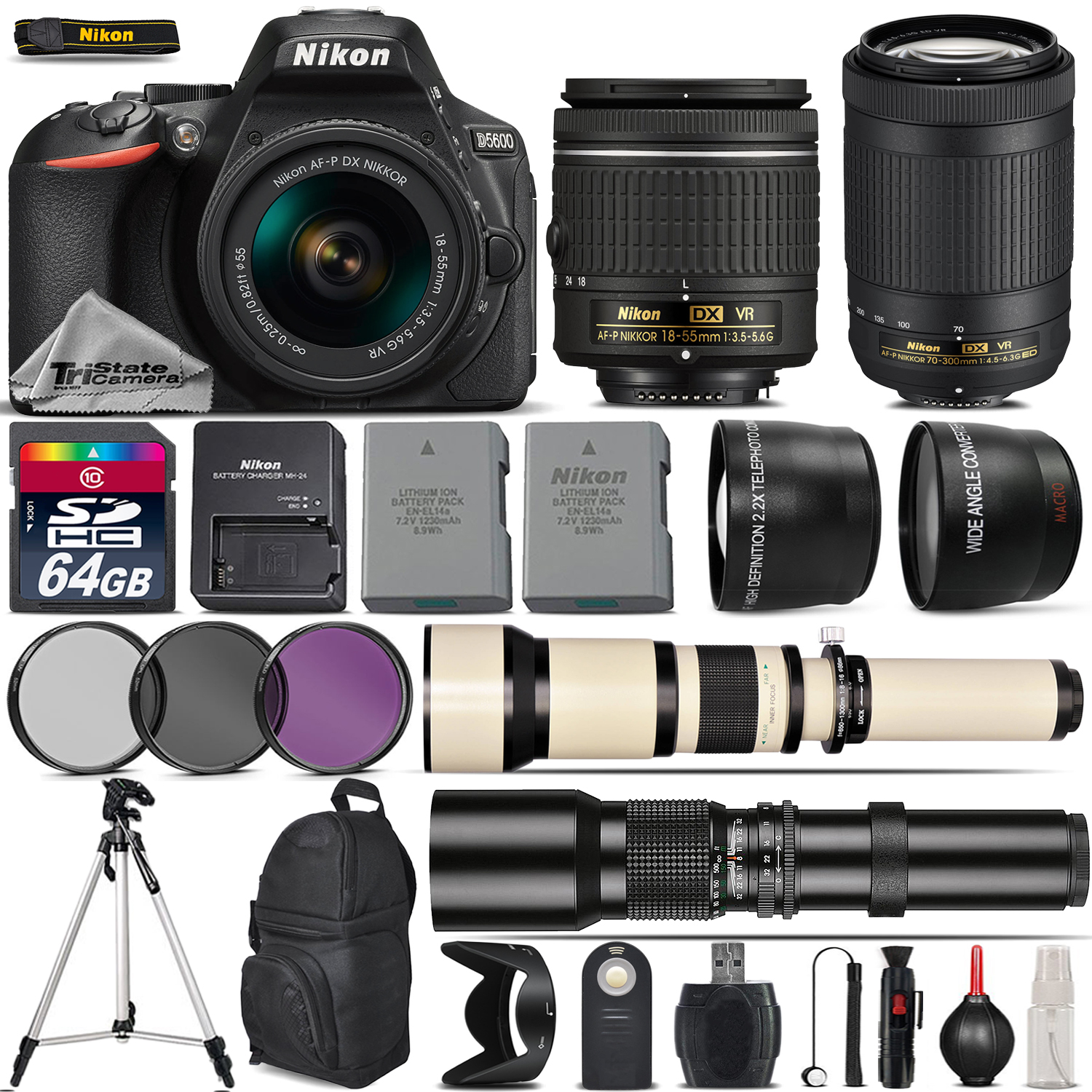 D5600 DSLR Camera + 18-55mm VR + Nikon 70-300mm VR+ 650-1300mm + 500mm *FREE SHIPPING*