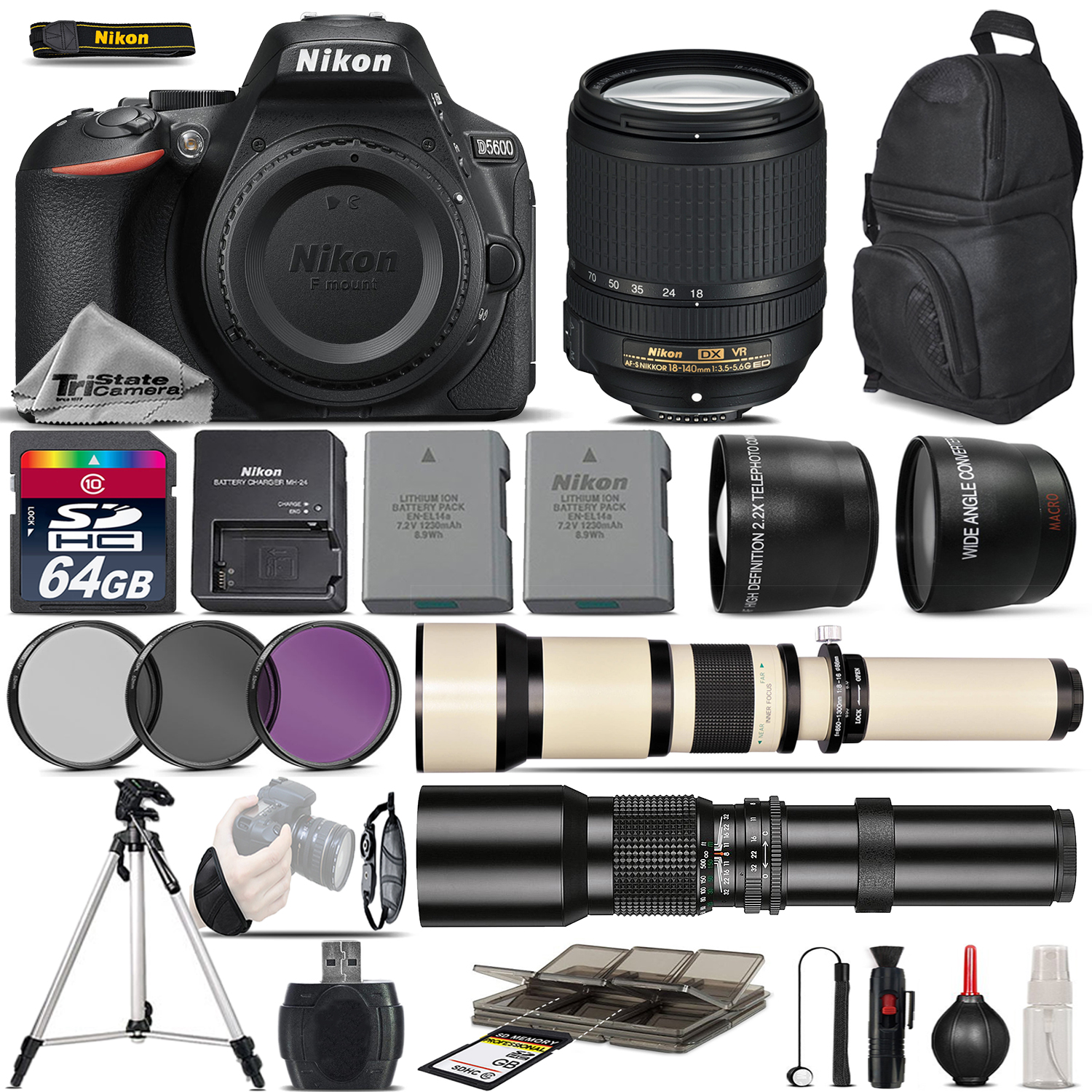 D5600 DSLR Camera + 18-140mm VR Lens + 650-1300mm Lens + 500mm - 5Lens Kit *FREE SHIPPING*