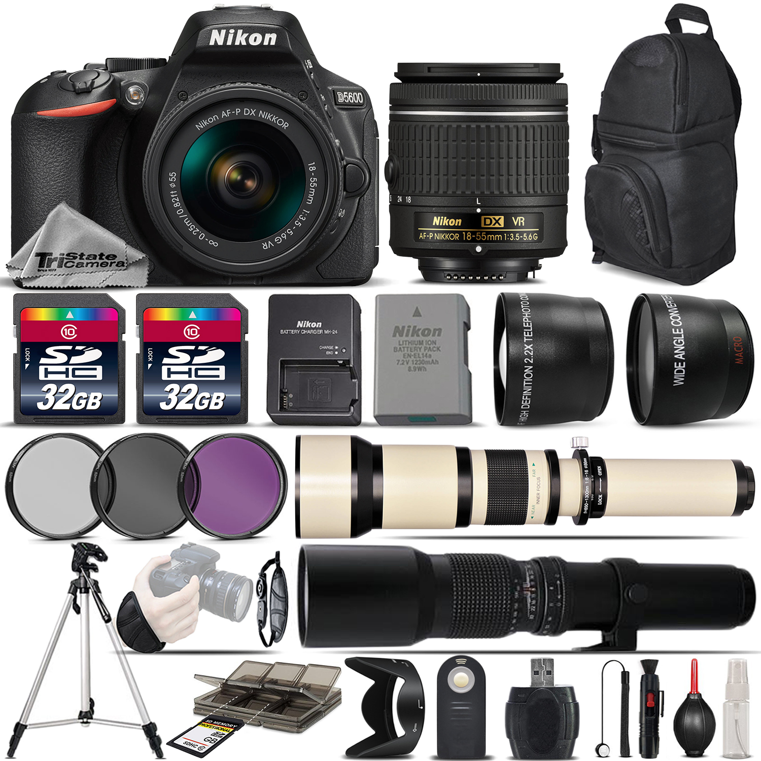 D5600 DSLR Camera + 18-55 AF P VR Lens + 650-1300mm Lens +500mm -5Lens Kit *FREE SHIPPING*