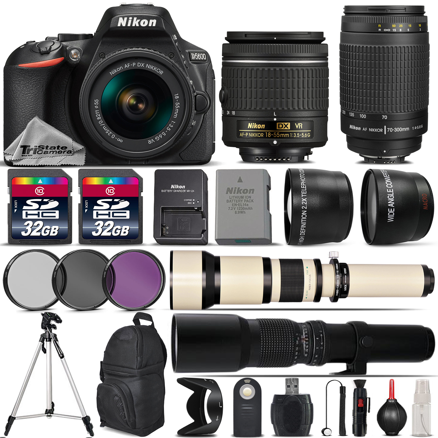 D5600 DSLR Camera + 18-55mm VR + Nikon 70-300mm + 650-1300mm + 500mm +64GB *FREE SHIPPING*
