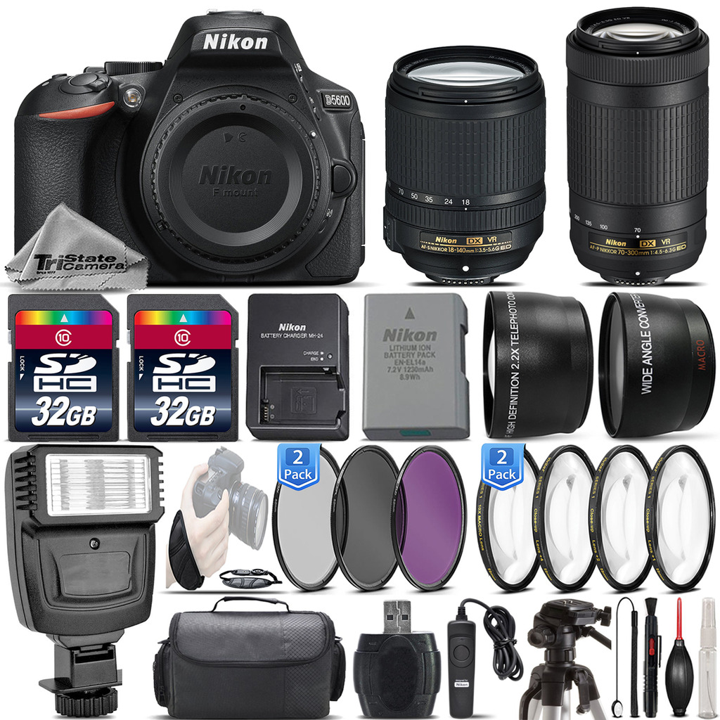 D5600 24.2MP DSLR Camera + 18-140mm VR Lens + AF P 70-300mm VR - 64GB Kit *FREE SHIPPING*