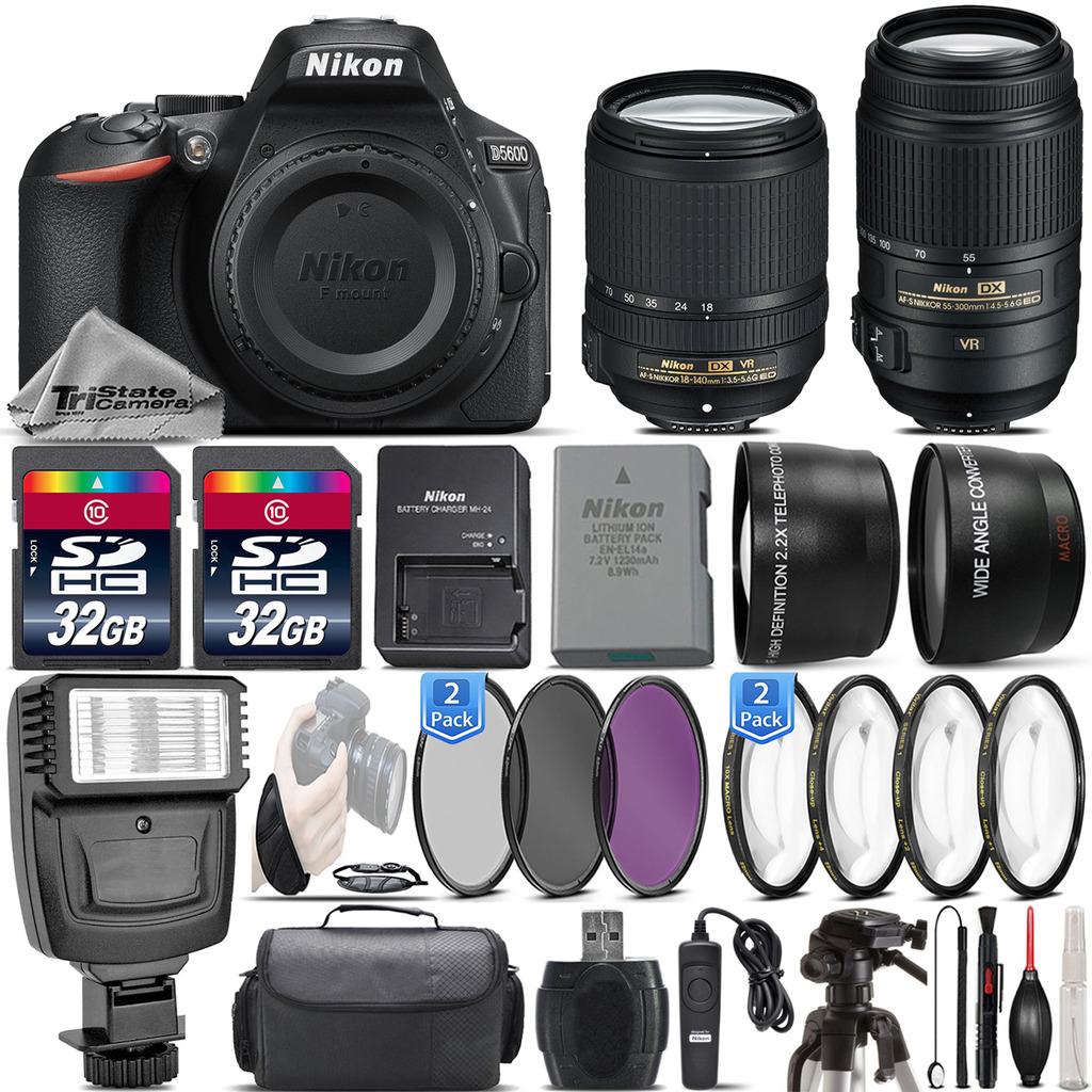 D5600 24.2MP DSLR Camera + 18-140mm VR Lens + 55-300mm VR -64GB Kit Bundle *FREE SHIPPING*