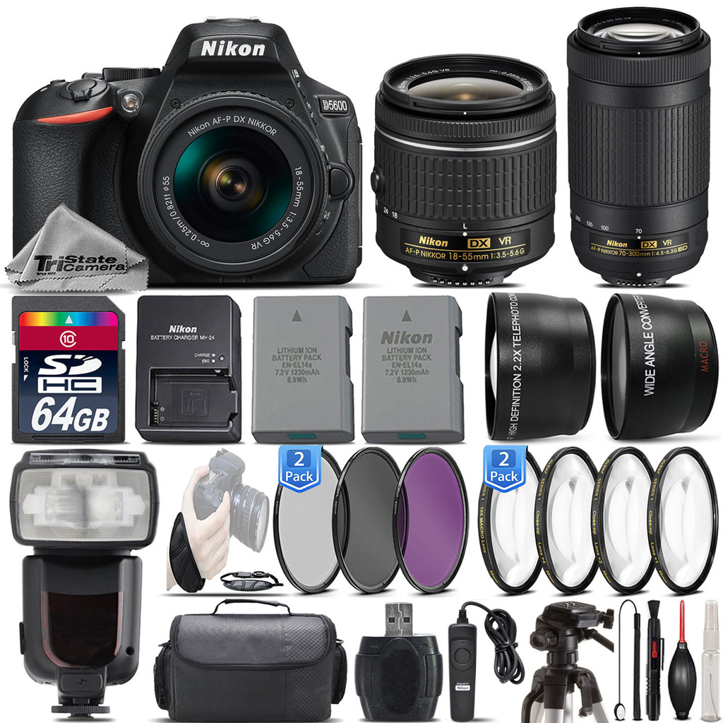D5600 DSLR Camera + 18-55mm VR + AF P 70-300mm VR  + EXT BAT - 64GB Kit *FREE SHIPPING*