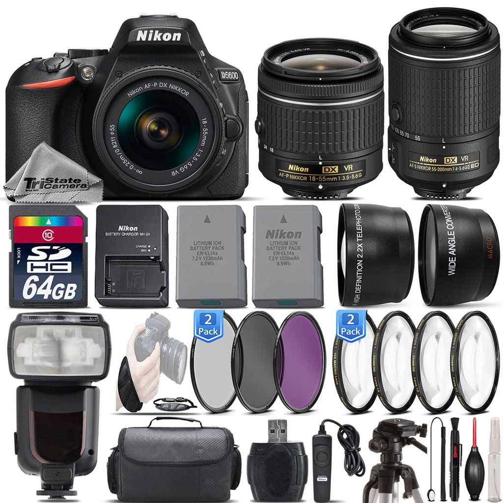 D5600 DSLR Camera + 18-55mm VR Lens + 55-200mm VR II + Flash - 64GB Kit *FREE SHIPPING*