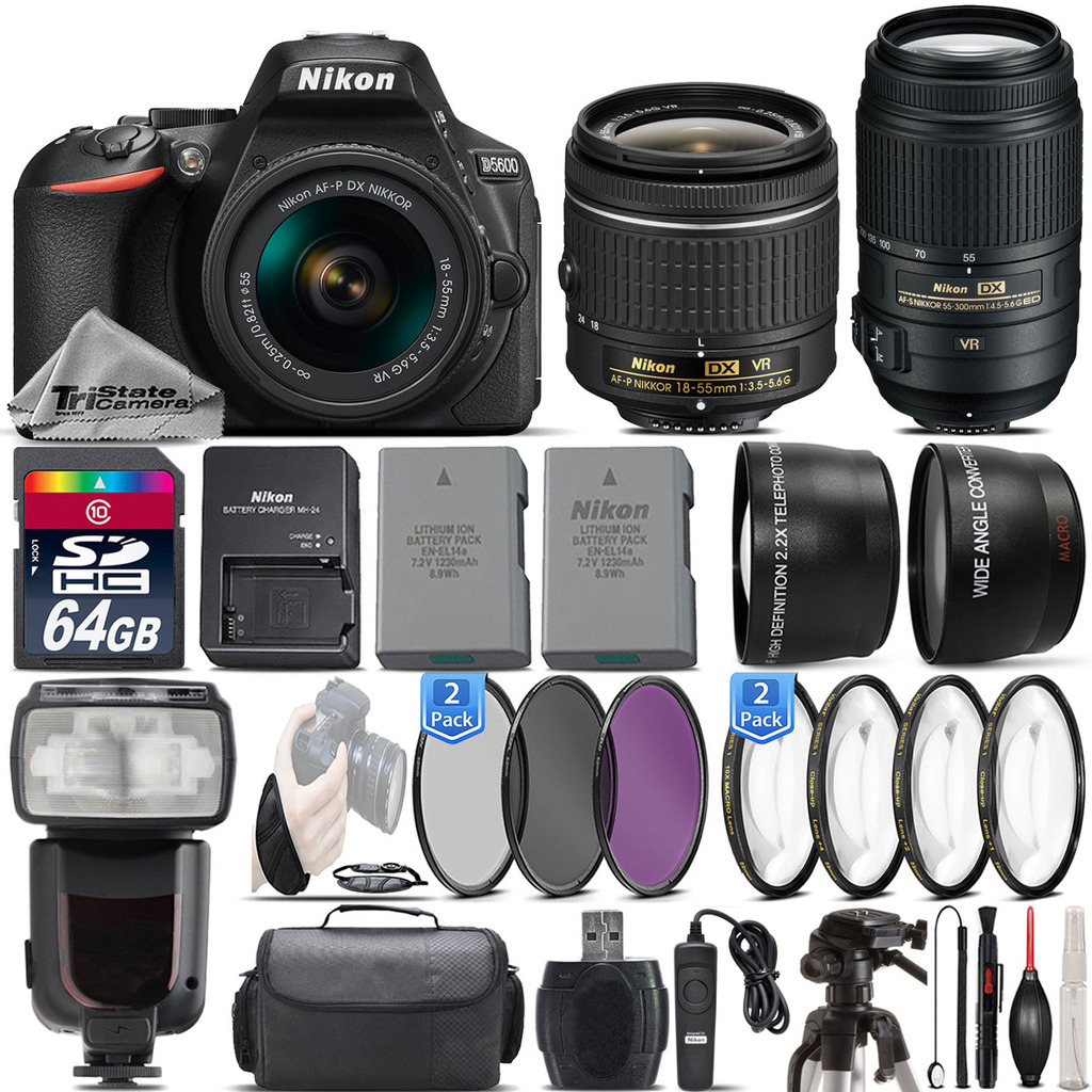 D5600 DSLR Camera + 18-55mm VR Lens + 55-300mm VR + Flash- 64GB Kit Bundle *FREE SHIPPING*