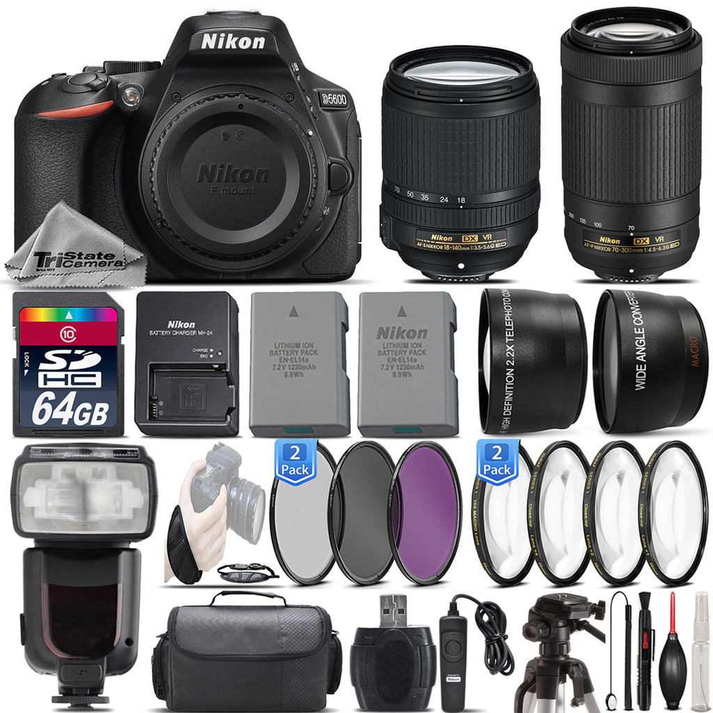 D5600 DSLR Camera + 18-140mm VR Lens + AF P 70-300mm VR + Flash - 64GB Kit *FREE SHIPPING*