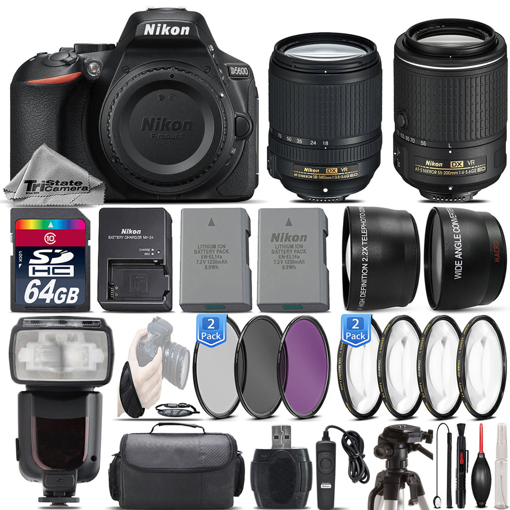 D5600 DSLR Camera + 18-140mm VR Lens + 55-200mm VR II + EXT BATT- 64GB Kit *FREE SHIPPING*