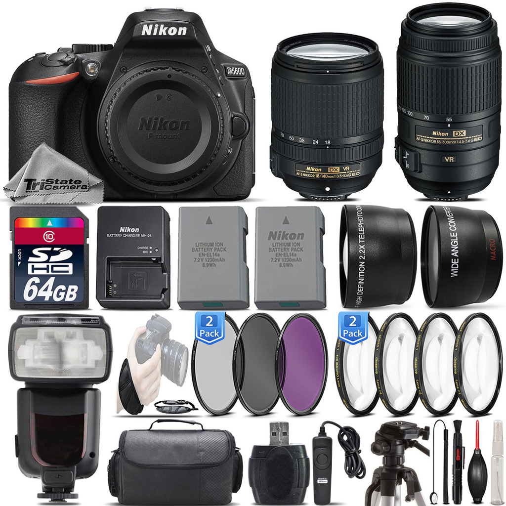 D5600 DSLR Camera + 18-140mm VR Lens + 55-300mm VR + Flash - 64GB Bundle *FREE SHIPPING*
