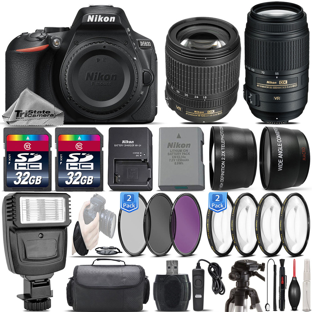 D5600 24.2MP DSLR Camera + 18-105mm VR Lens + 55-300mm VR -64GB Kit Bundle *FREE SHIPPING*