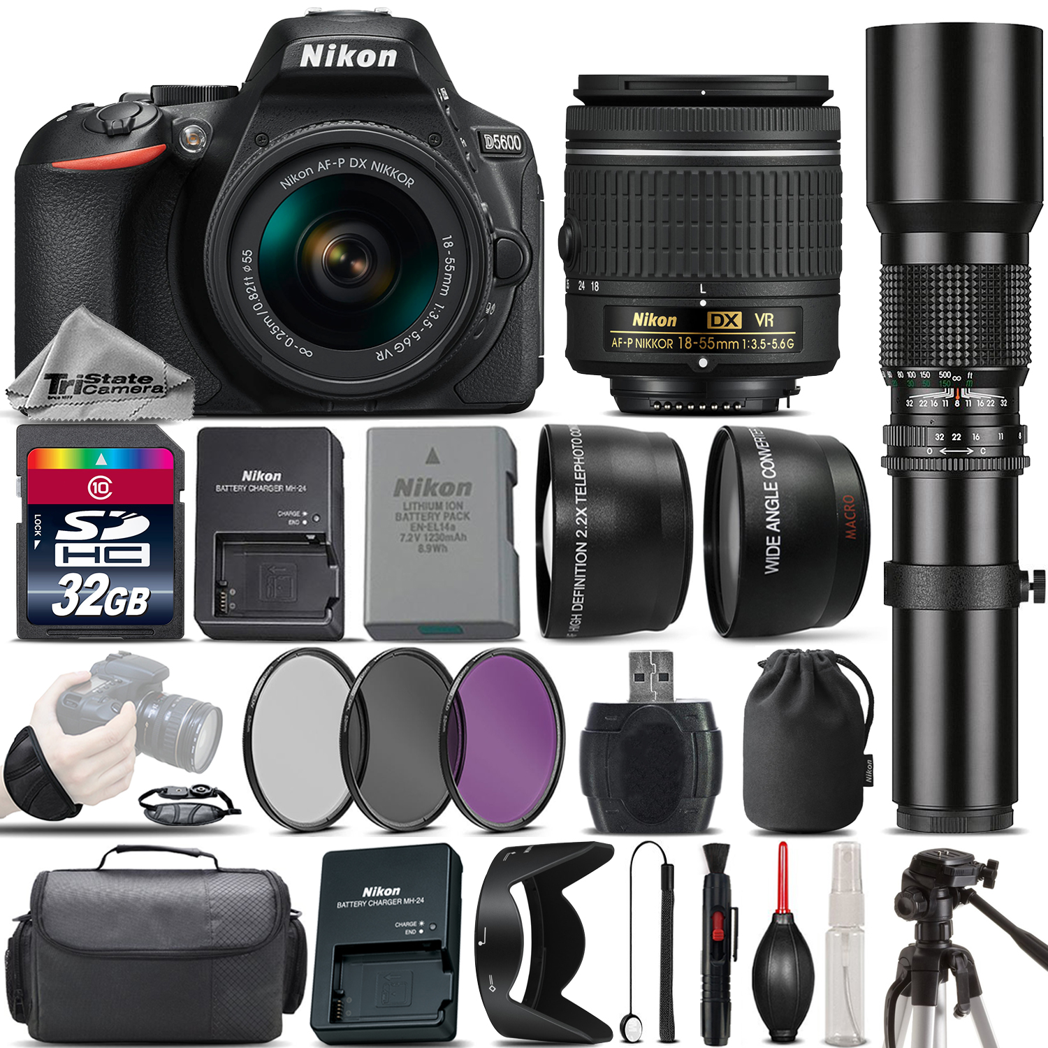 D5600 DSLR Camera + Nikon 18-55mm VR Lens + 500mm Telephoto Lens -32GB Kit *FREE SHIPPING*