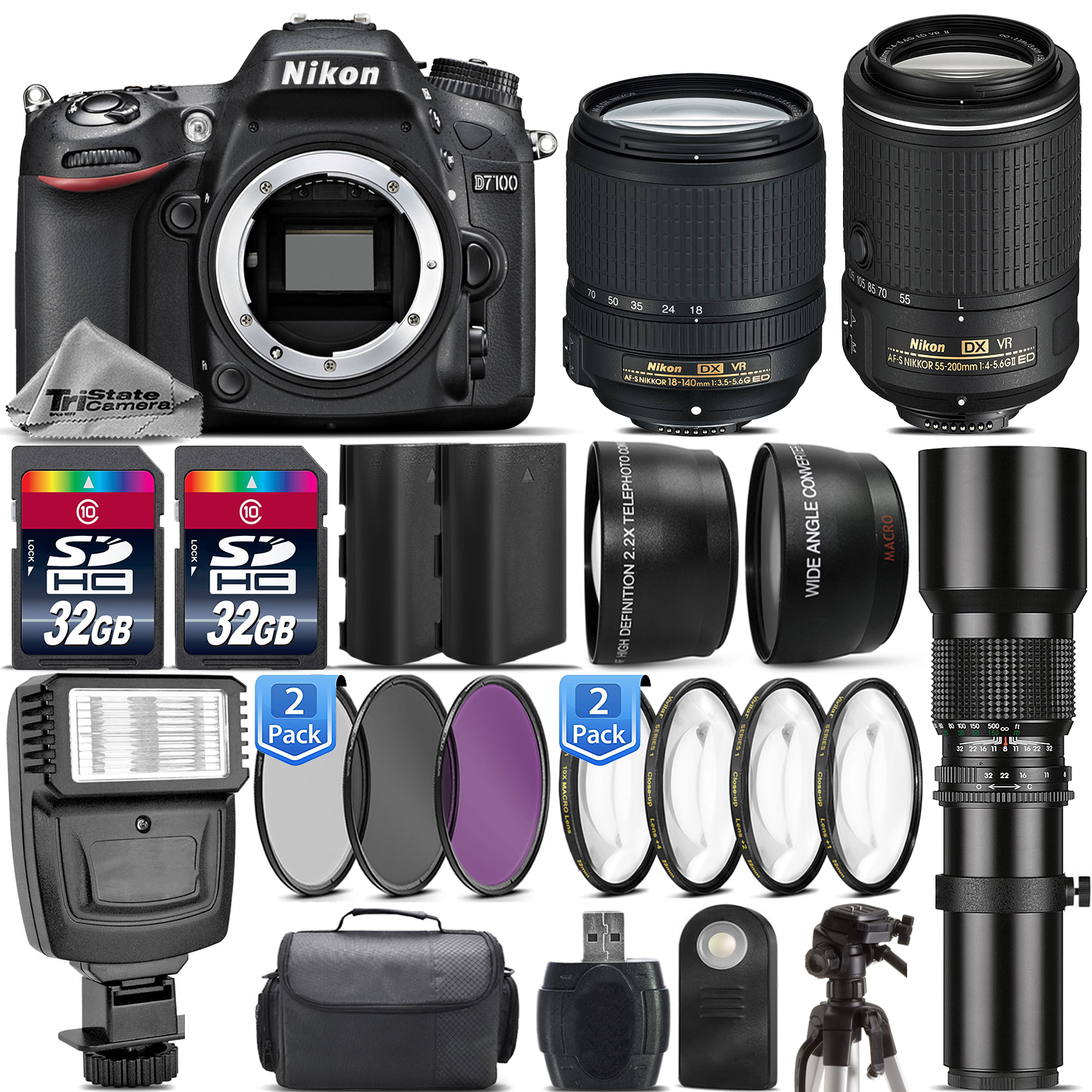 D7100 DSLR Camera + Nikon 18-140mm VR +  55-200mm VR II + 500mm - 64GB Kit *FREE SHIPPING*