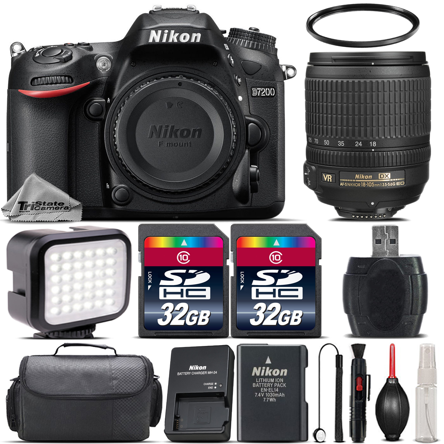D7200 Digital SLR WiFi Camera + 18-105mm VR Lens + LED + Case - 64GB Kit *FREE SHIPPING*