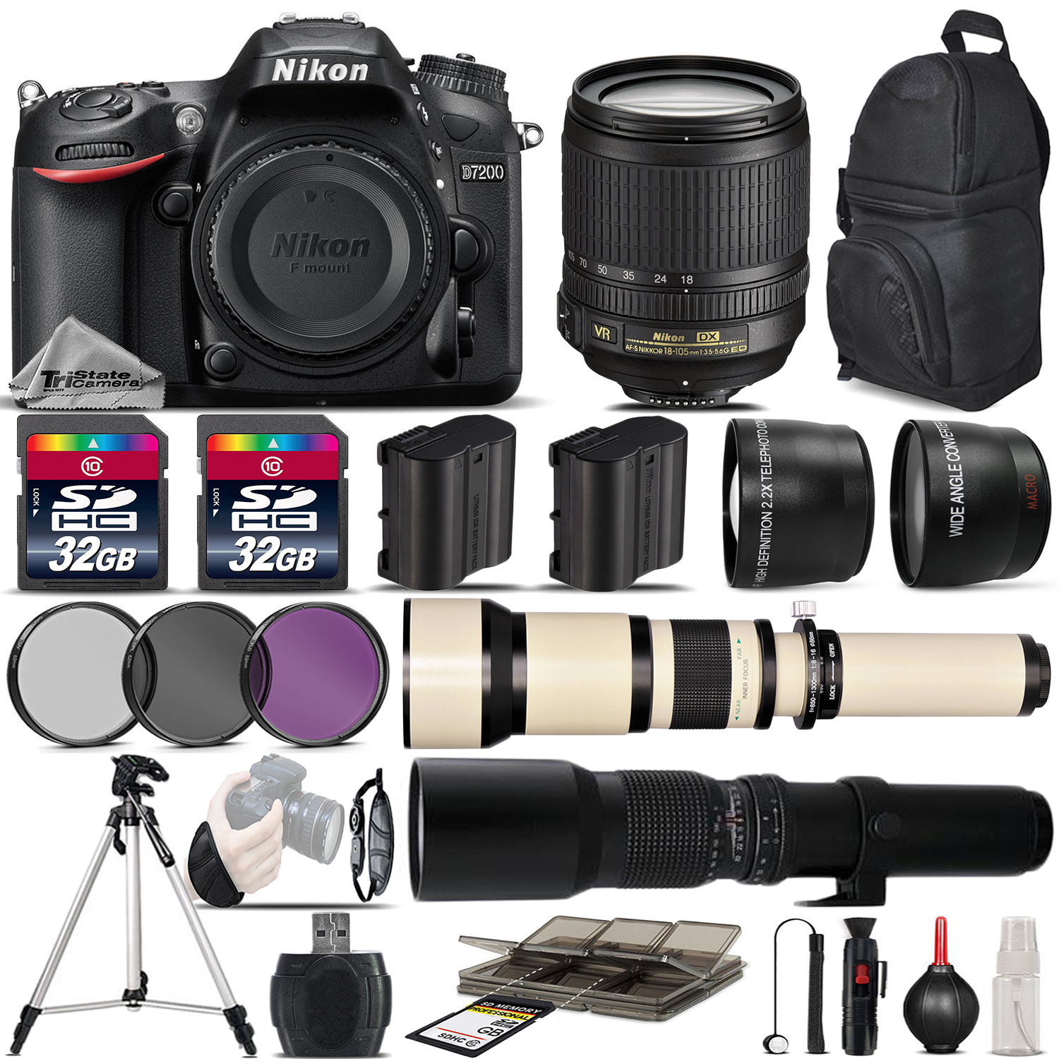 D7200 DSLR Camera + 18-105 VR Lens + 650-1300mm Lens + 500mm - 5Lens Kit *FREE SHIPPING*
