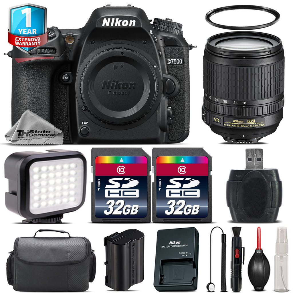 D7500 Camera + 18-105mm VR + LED + Case + 1yr Warranty - 64GB Bundle *FREE SHIPPING*