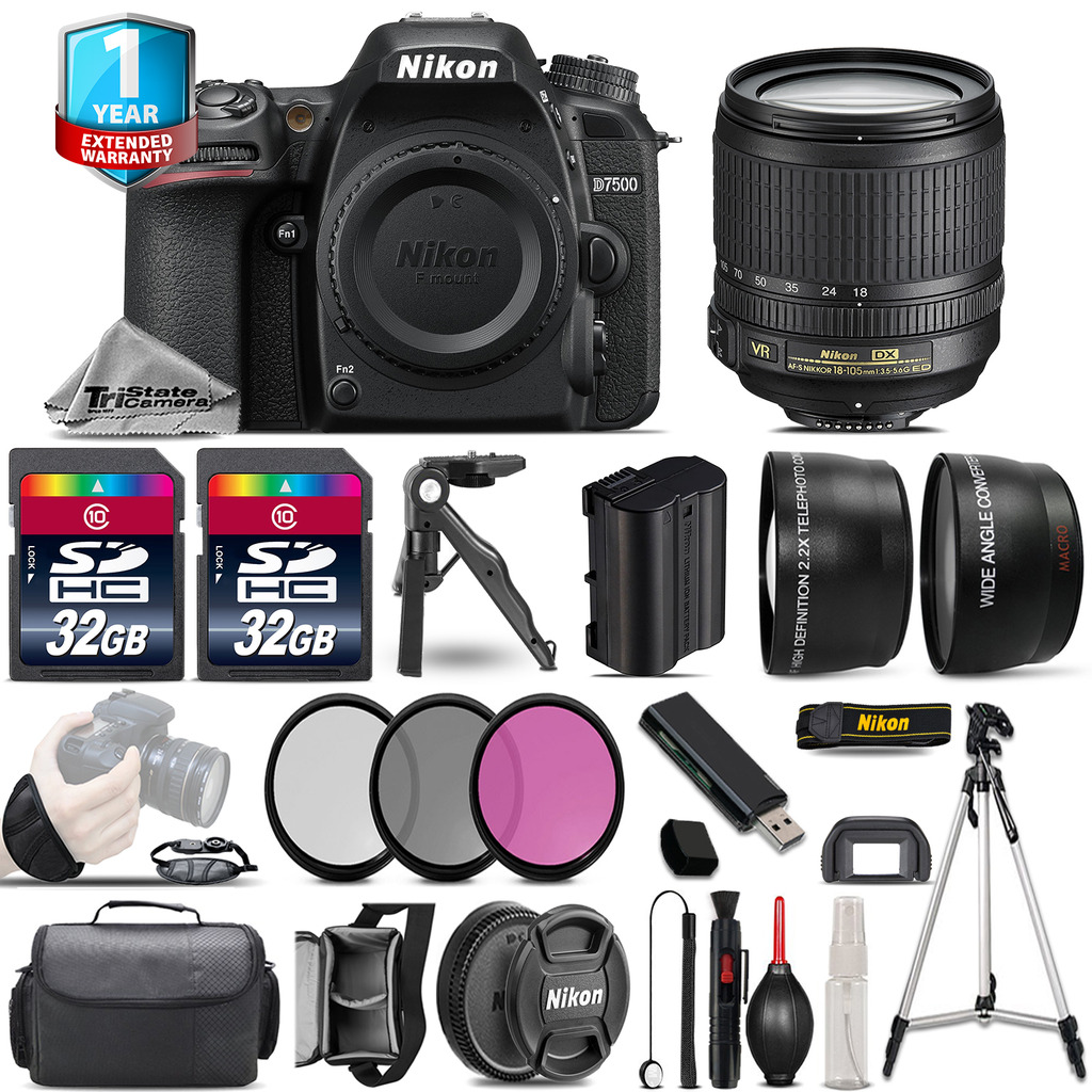D7500 Camera + 18-105mm VR - 3 Lens Kit + 1yr Warranty - 64GB Bundle *FREE SHIPPING*