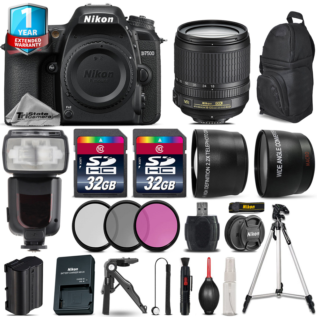 D7500 Camera + 18-105mm VR + Flash + 1yr Warranty + Tripod + 64GB Kit *FREE SHIPPING*