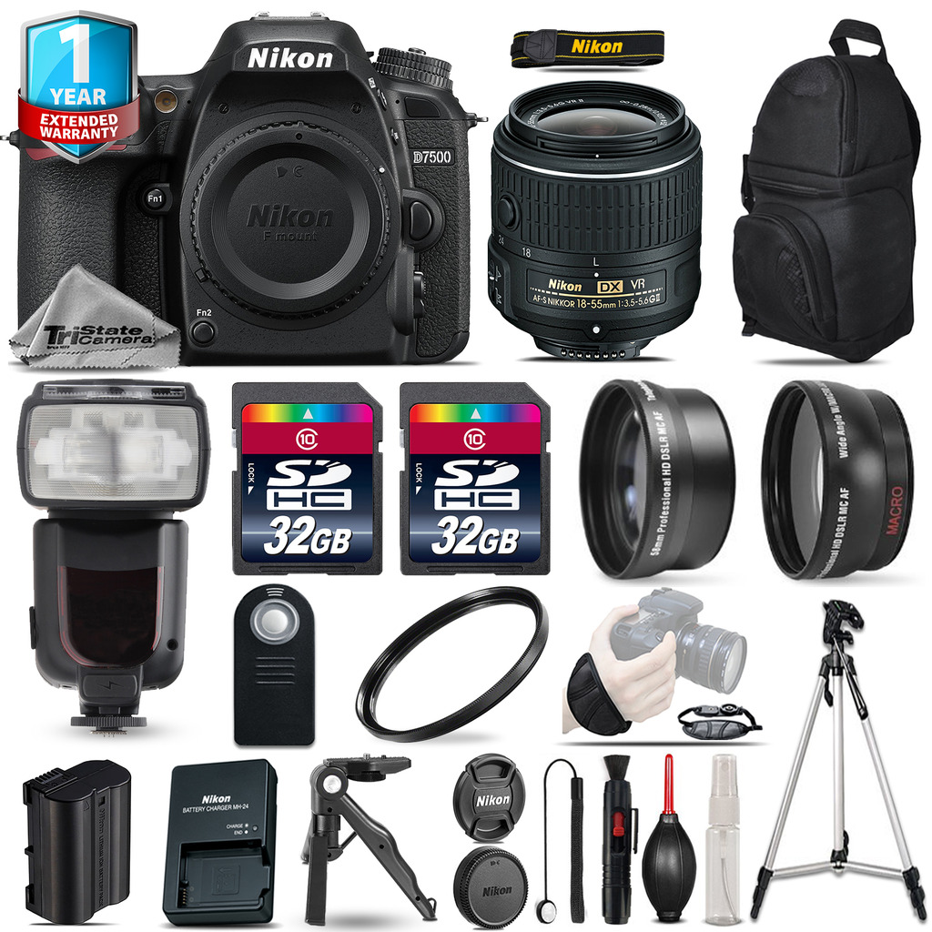 D7500 DSLR Camera + 18-55mm VR -3 Lens Kit + Pro Flash + UV + 1yr Warranty *FREE SHIPPING*
