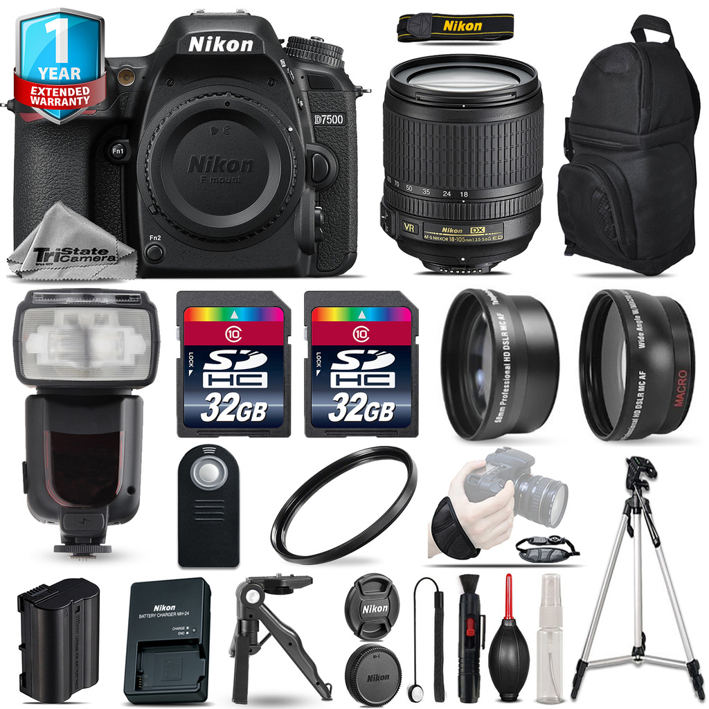 D7500 Camera + 18-105mm VR -3 Lens Kit + Pro Flash + UV + 1yr Warranty *FREE SHIPPING*